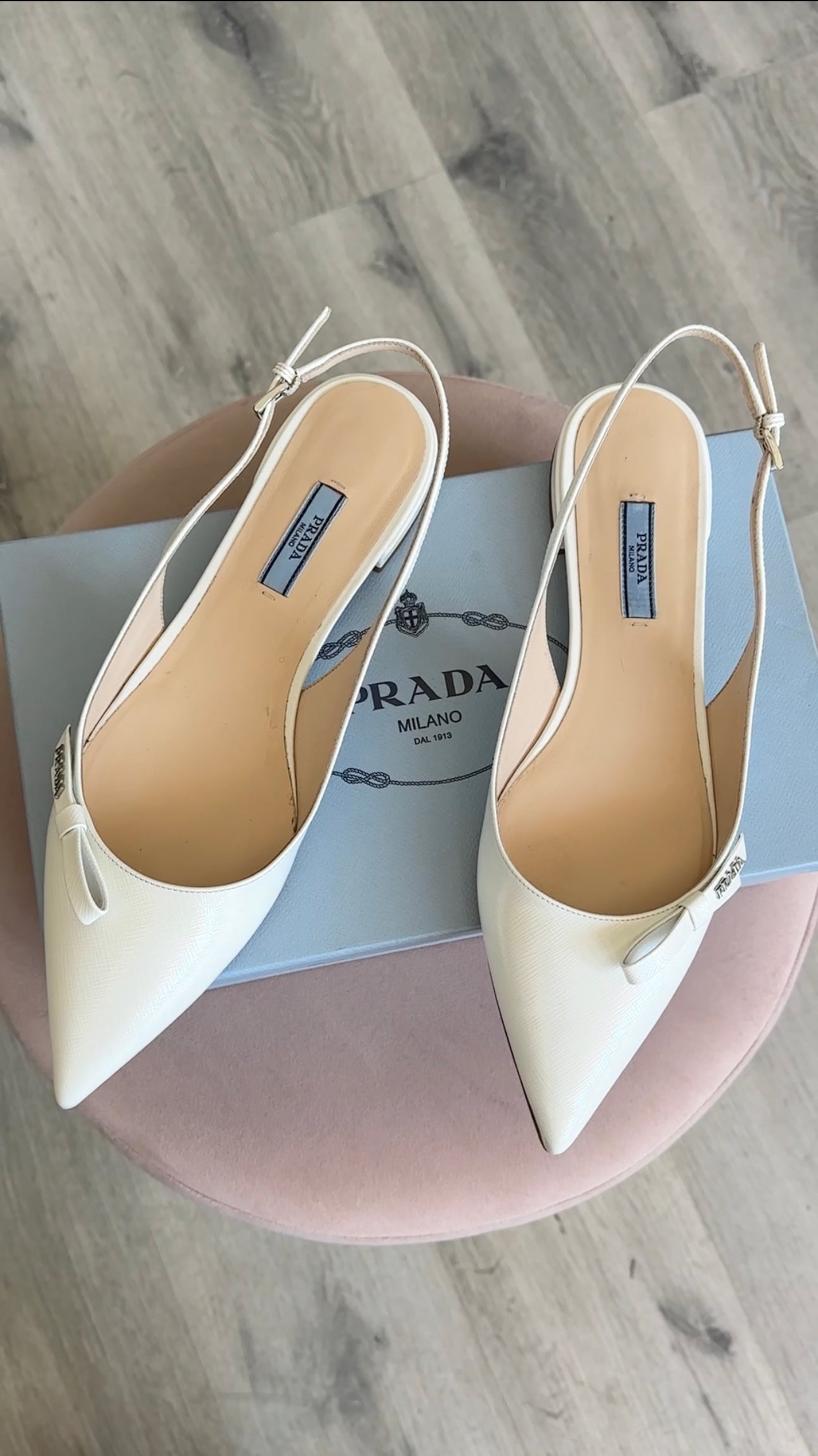 Prada White Shiny Saffiano Leather Bow Accent Slingback Pointed Flats - 40