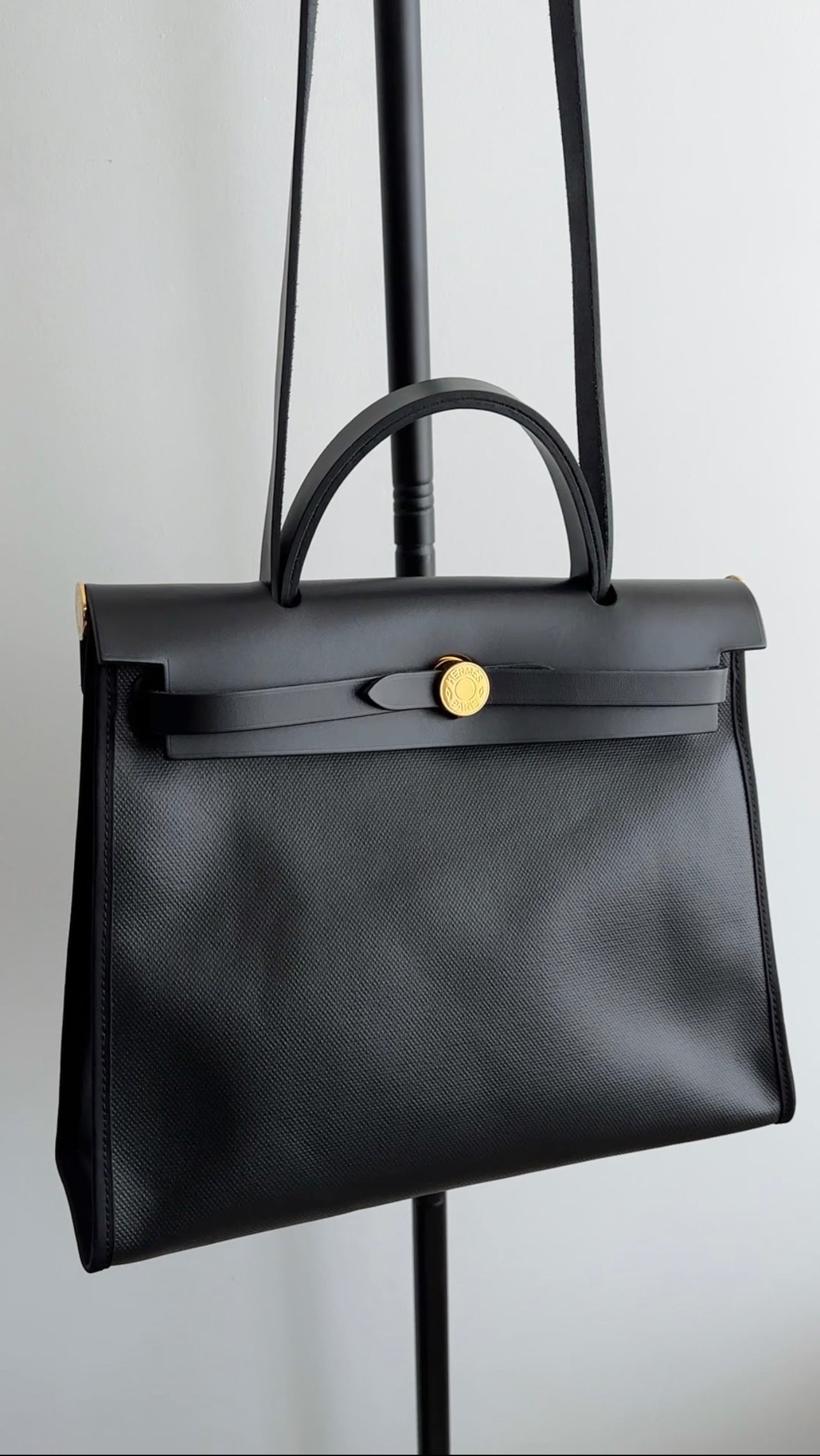 Hermes Herbag Zip 31 Black on Black Coated Canvas and Toile Berline