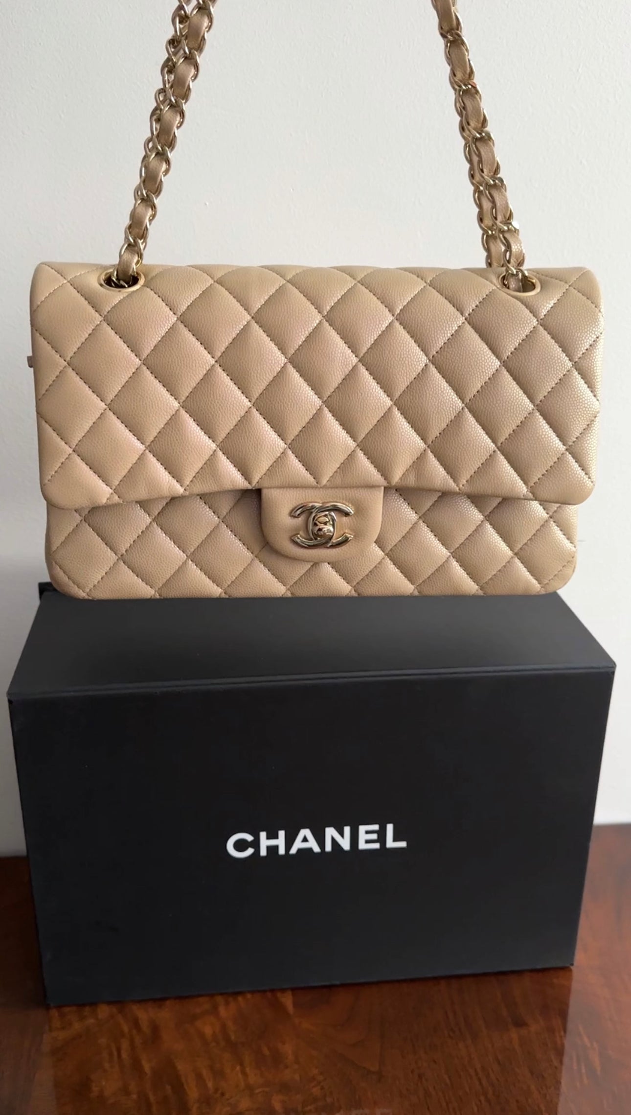 Chanel 21S Beige Iridescent Classic Medium Double Flap Caviar GHW