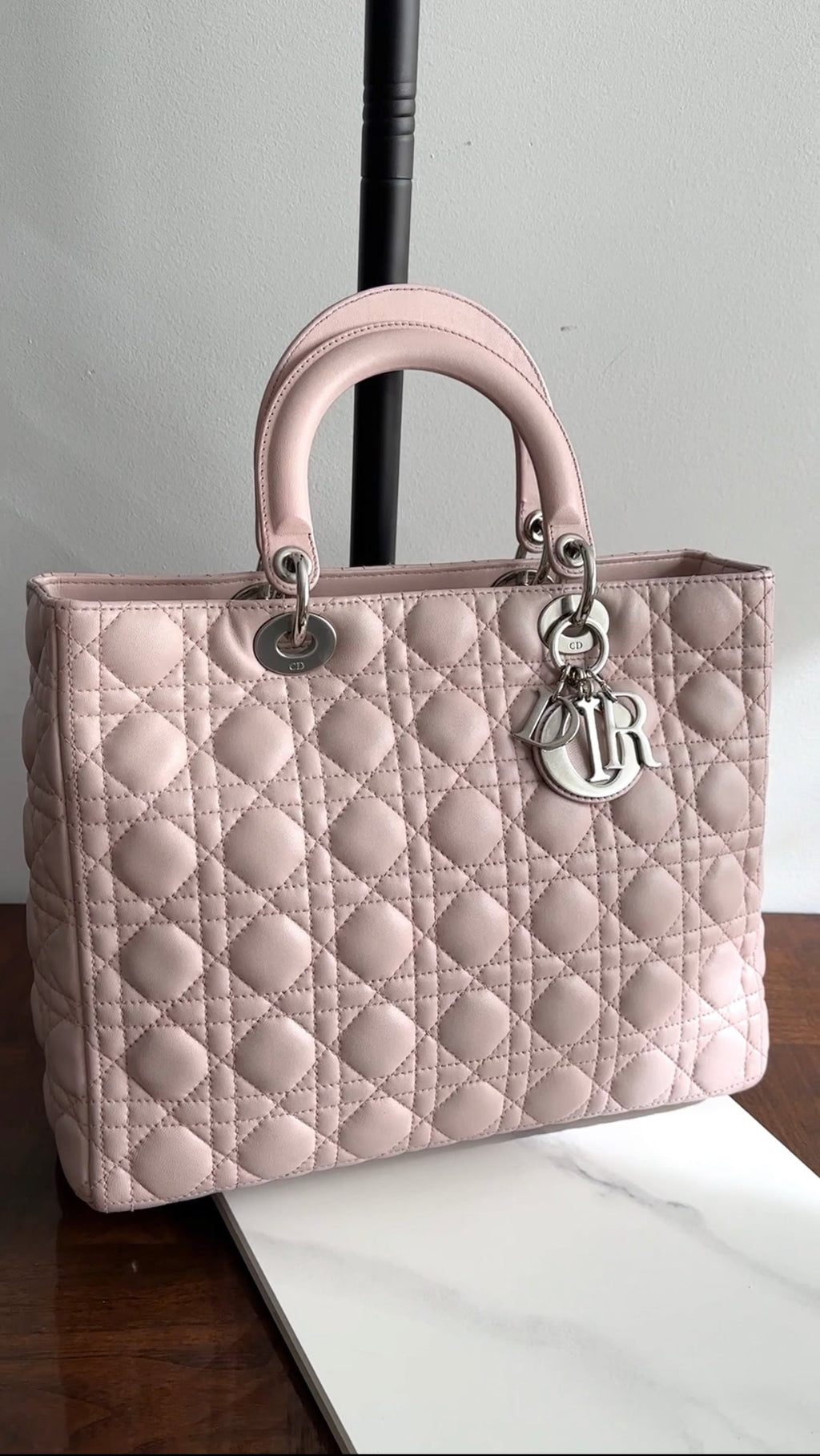 Dior Neutral Shell Pink Cannage Quilted Leather Large Lady Dior Bag