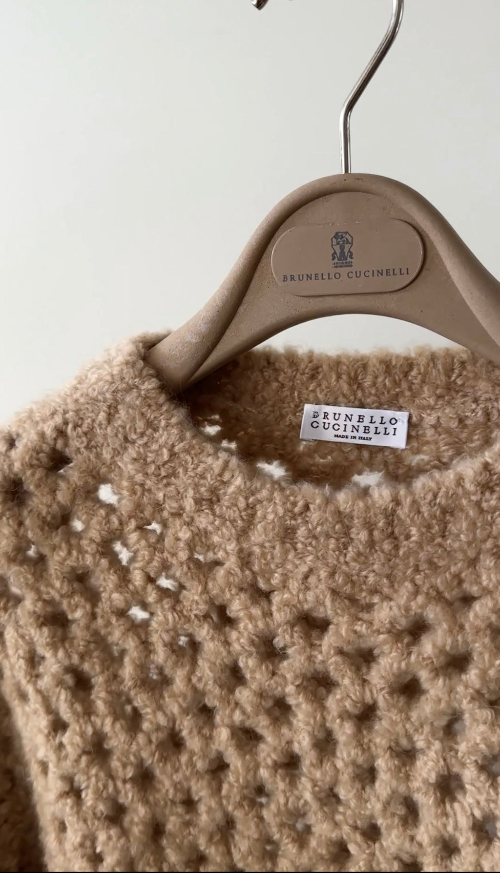 Brunello Cucinelli Beige Open Knit Boucle Camel Short Sweater - S