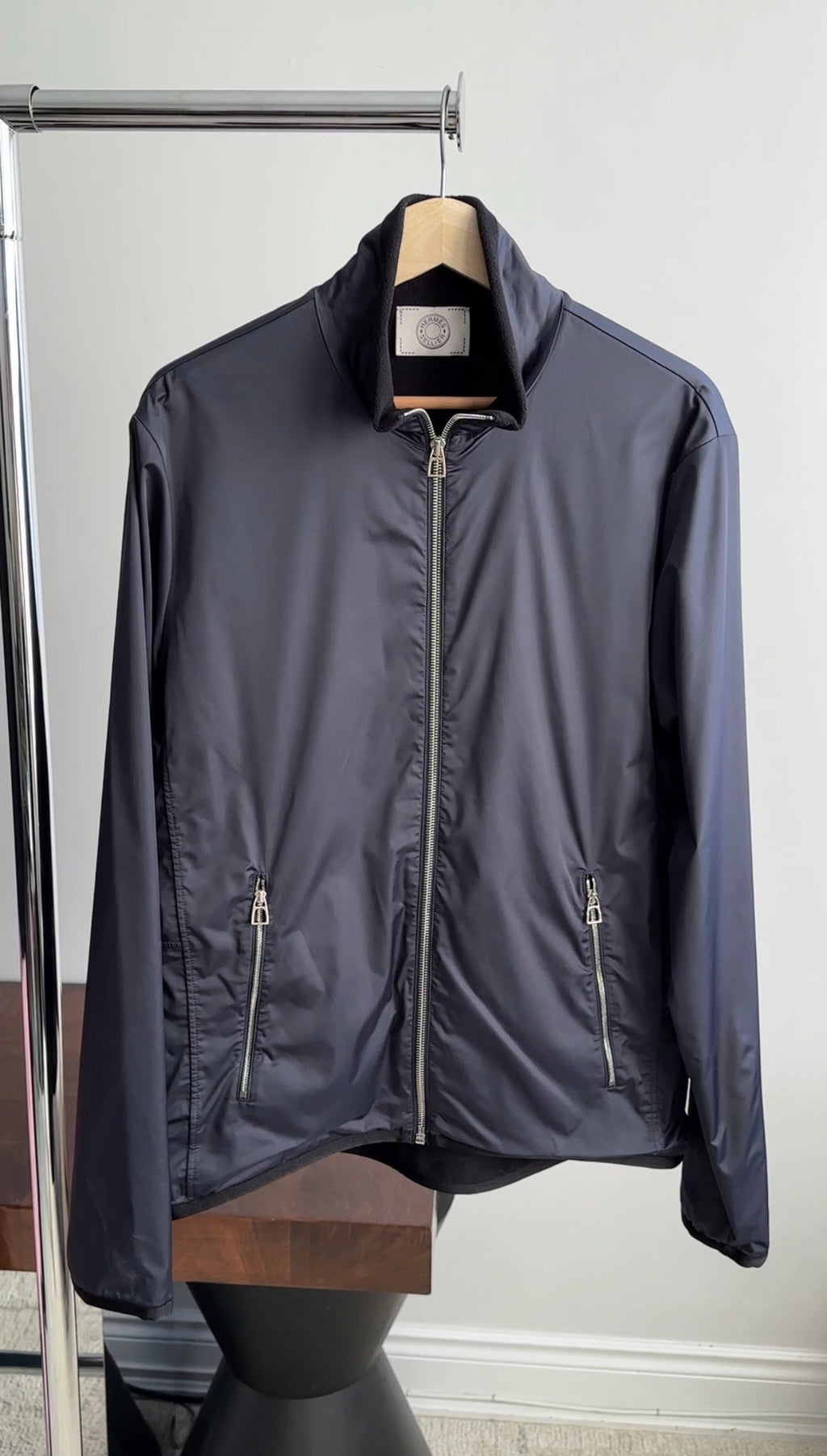 Hermes Sellier Navy Nylon and Fleece Lined Light Zip Jacket - L