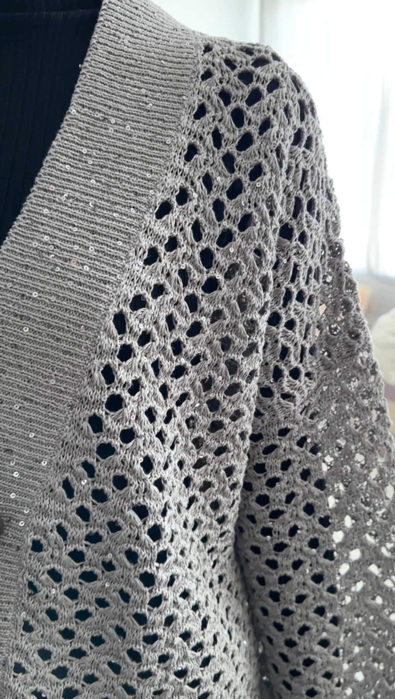 Brunello Cucinelli Grey Open Knit Sequin igan Sweater - S
