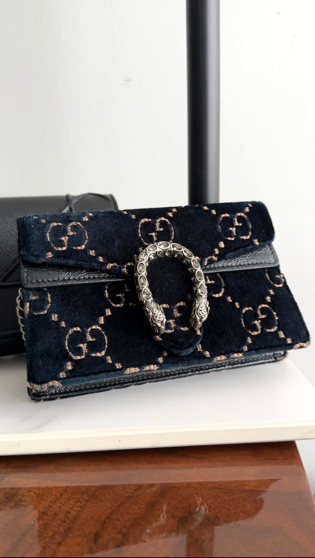 Gucci Super Mini Dionysus Navy and Gold Velvet Crossbody Bag