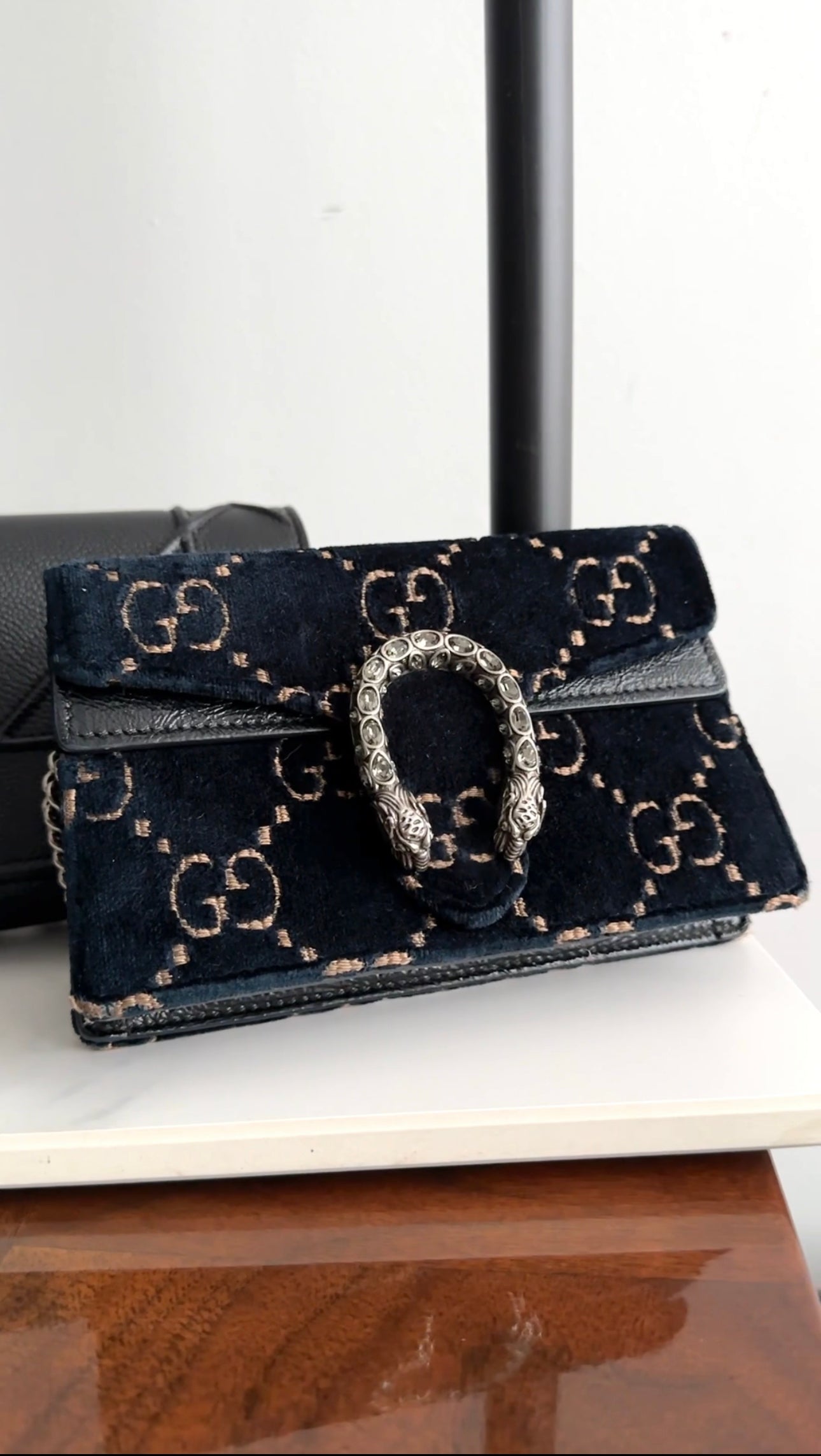 Gucci Super Mini Dionysus Navy and Gold Velvet Crossbody Bag