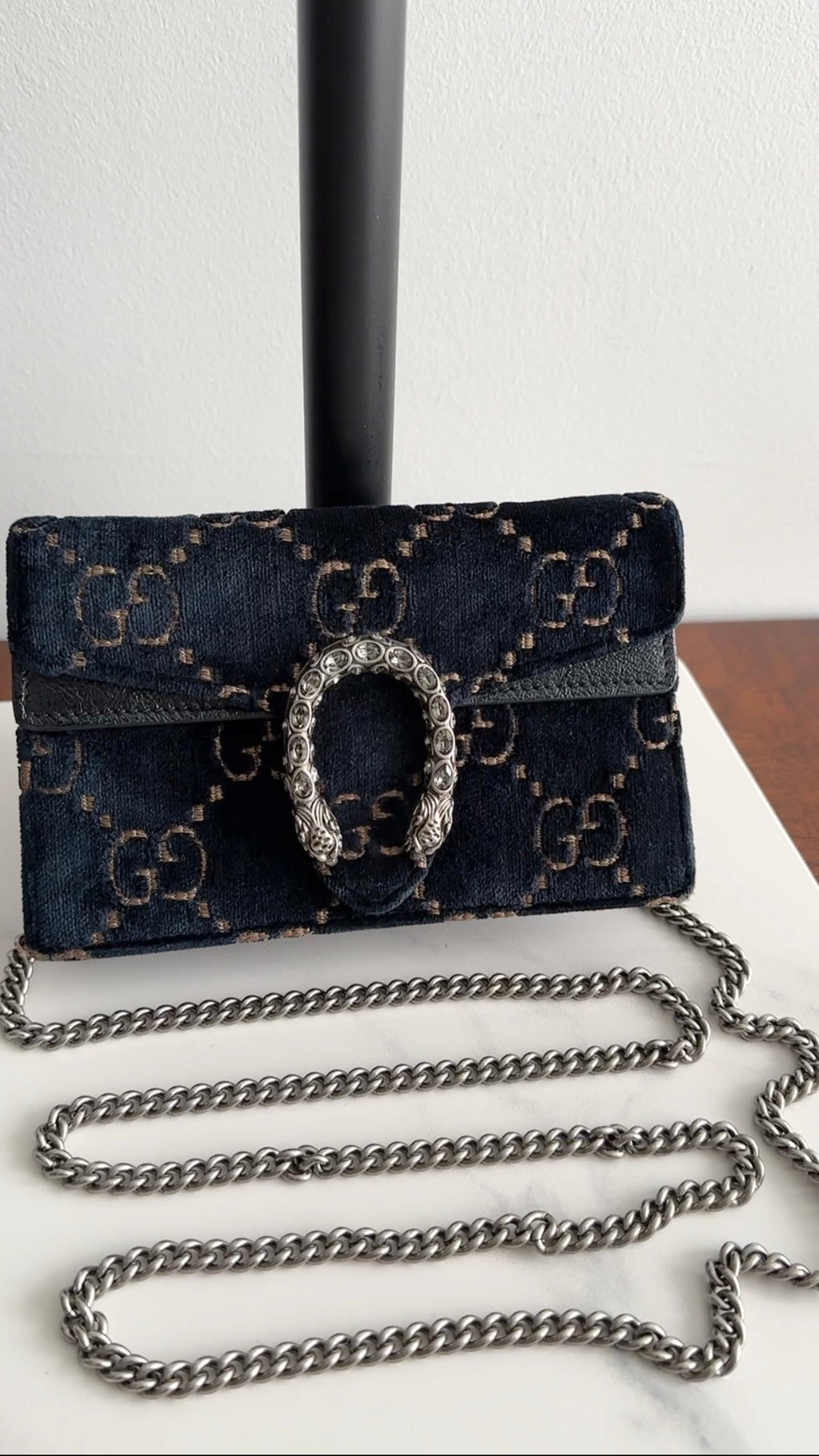 Gucci Super Mini Dionysus Navy and Gold Velvet Crossbody Bag