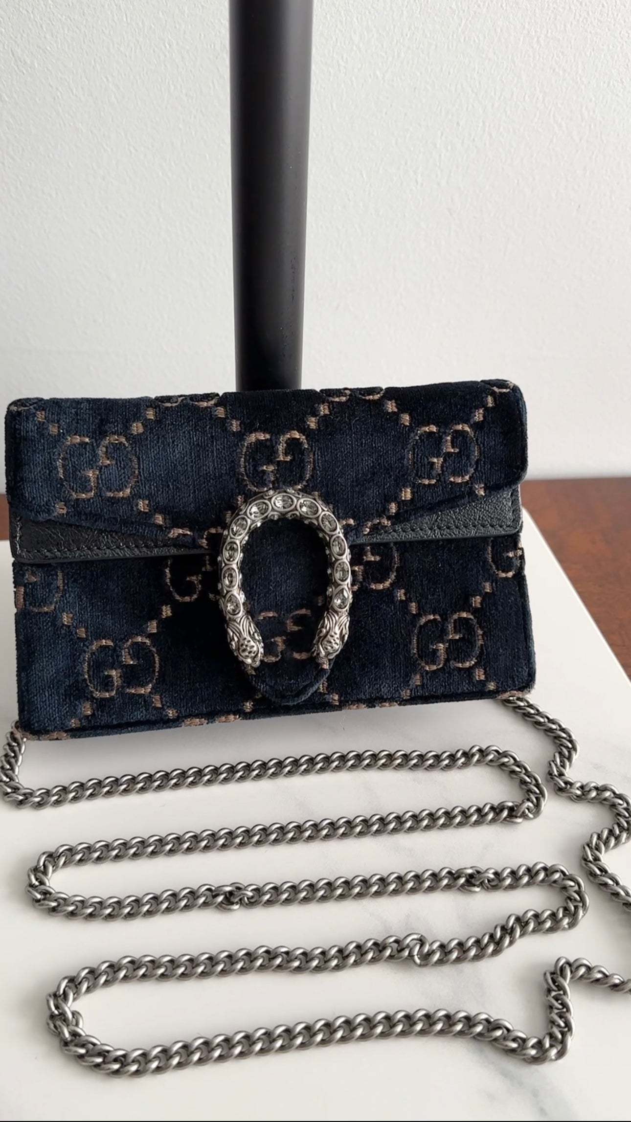 Gucci Super Mini Dionysus Navy and Gold Velvet Crossbody Bag