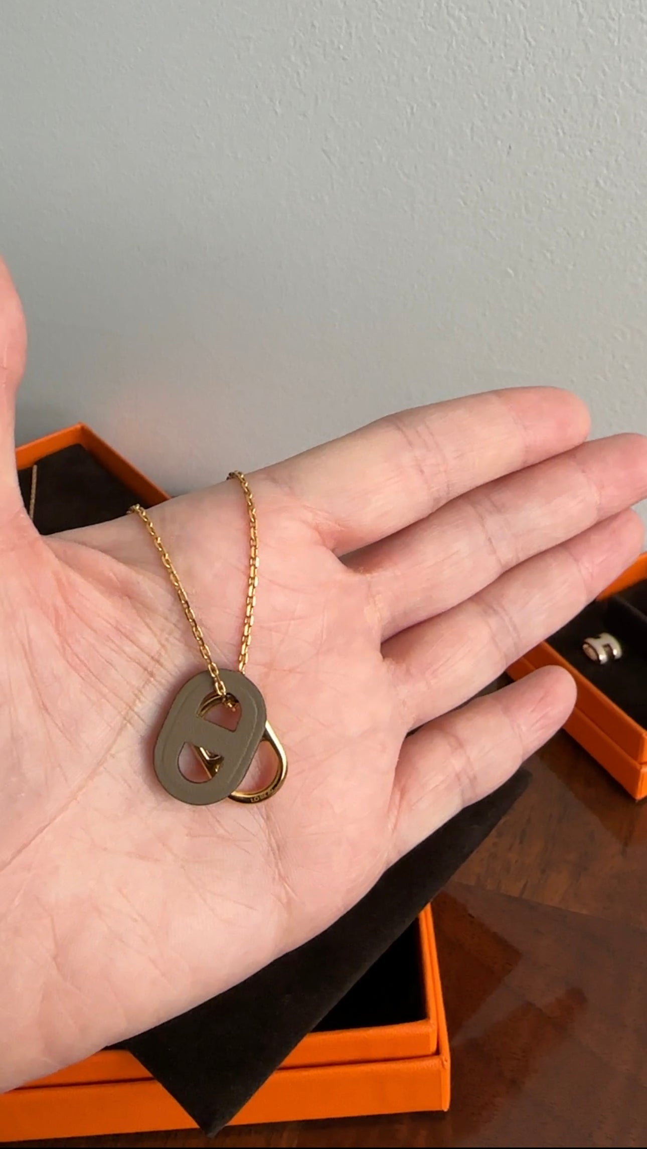 Hermes O'Maillon Pendant Necklace Palladium Etoupe