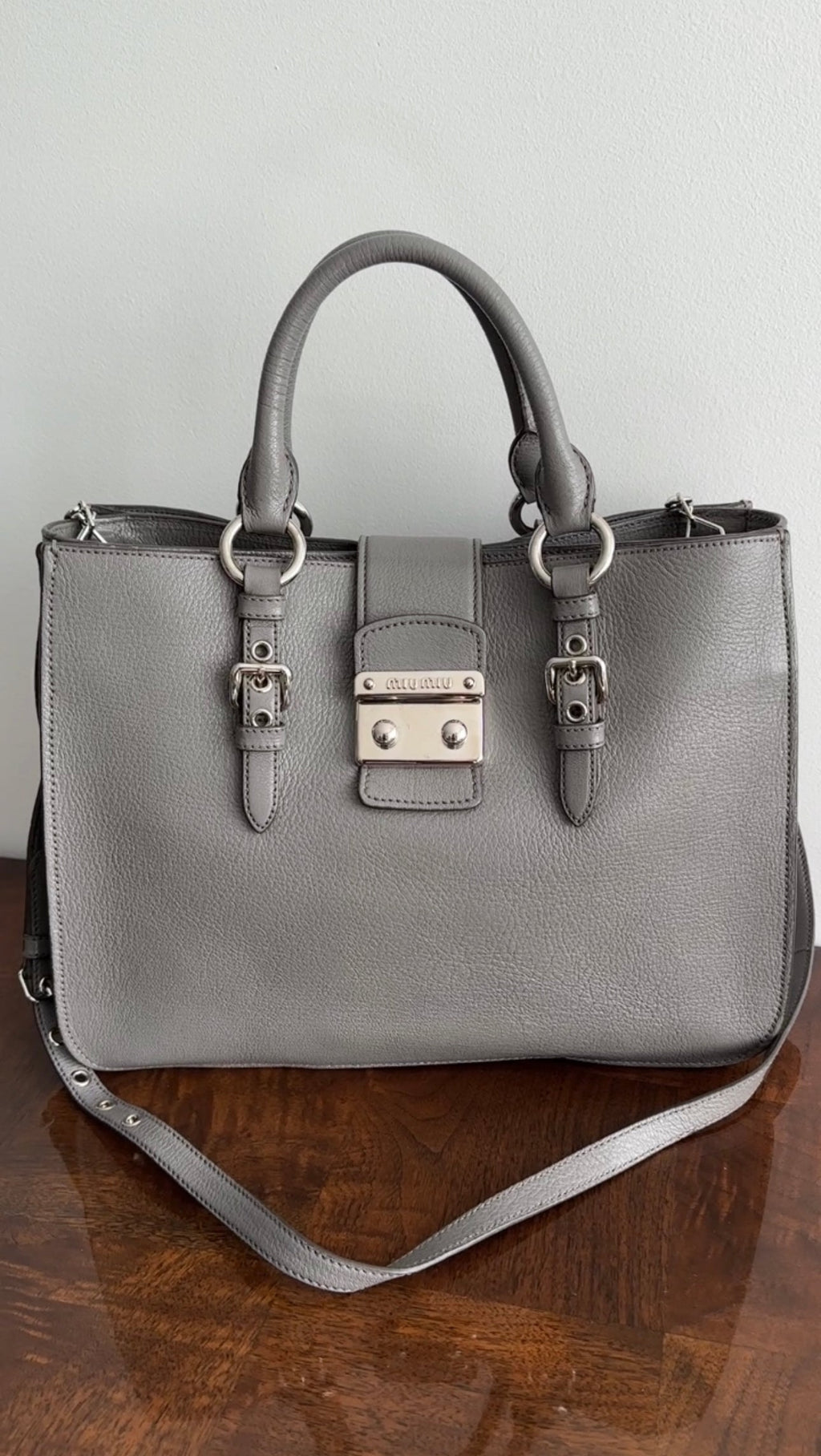 Miu Miu Grey Leather Madras Press Stud Tote Bag