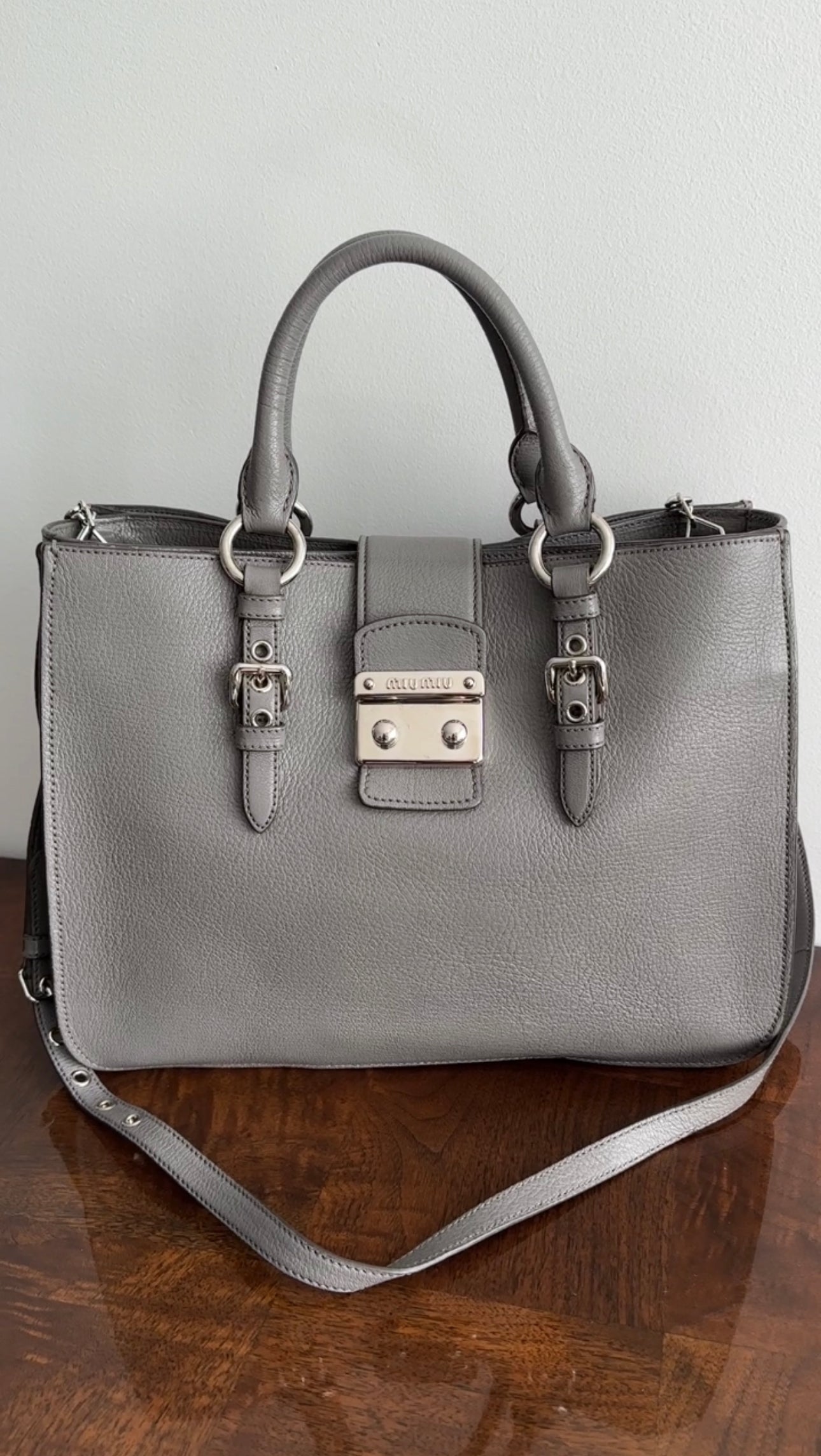 Miu Miu Grey Leather Madras Press Stud Tote Bag