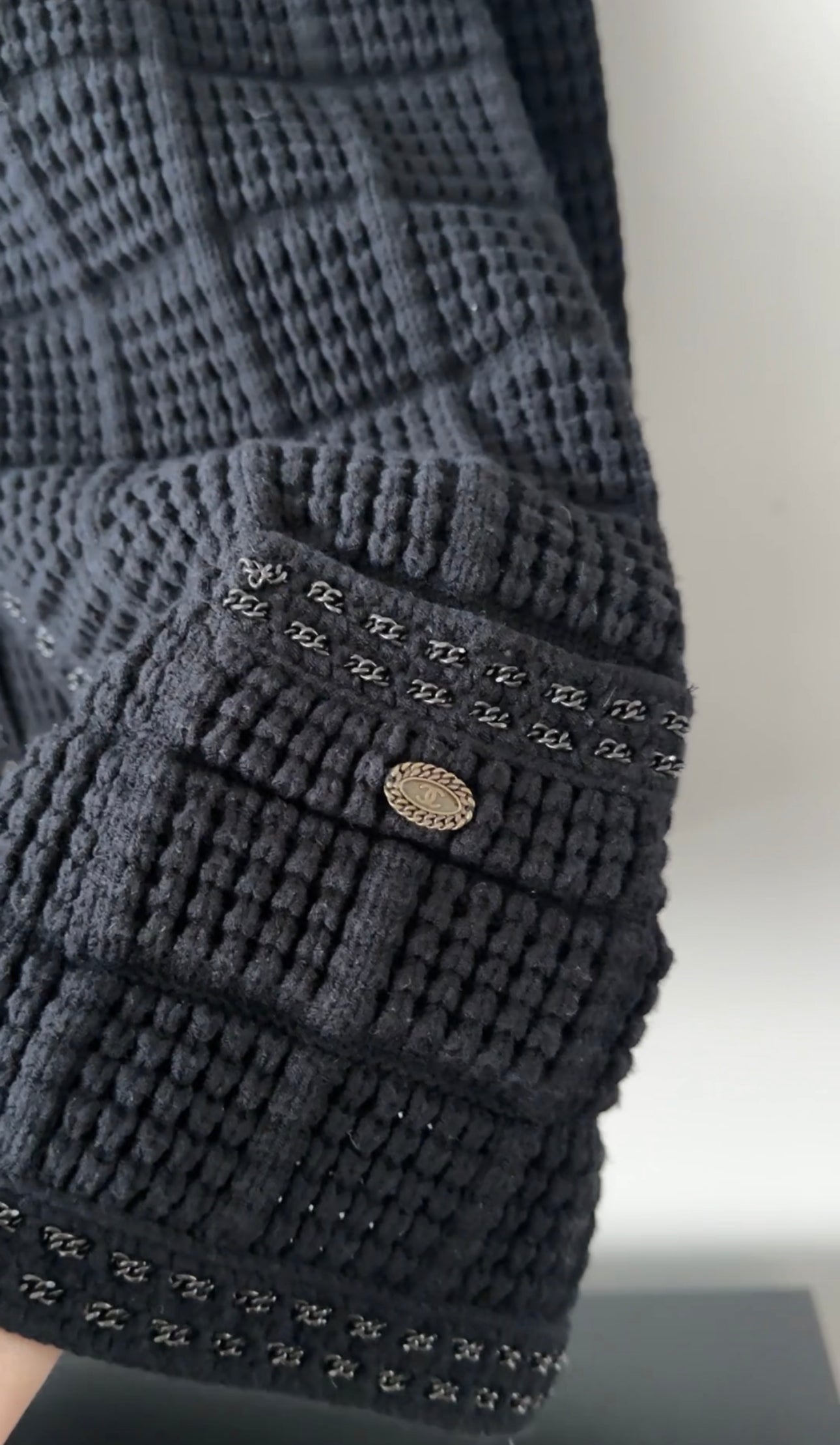 Chanel 05A Black Textured Knit igan Sweater with Chain Trim