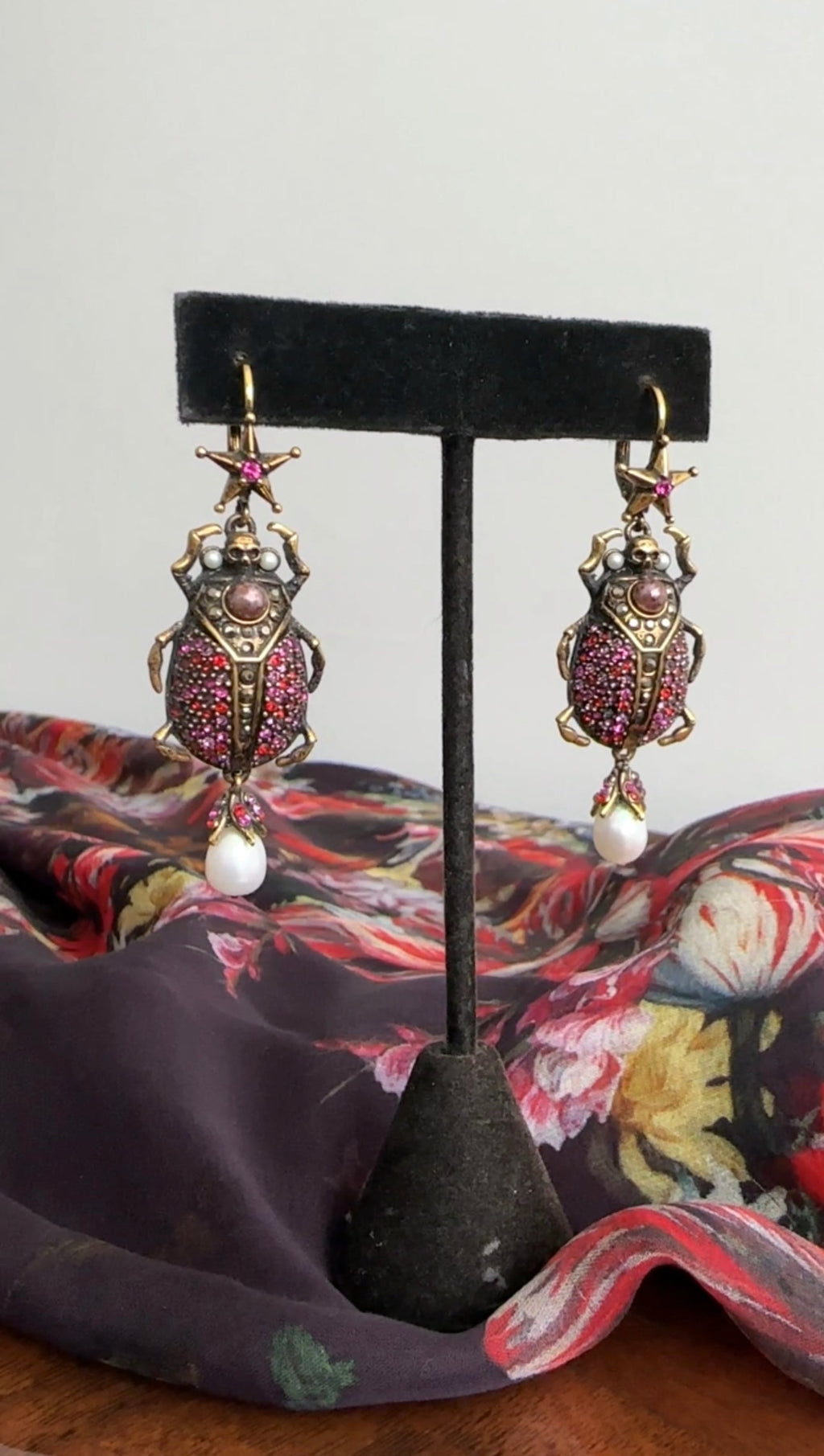 Alexander McQueen Garnet Scarab Beetle Earrings with Pearl Drops