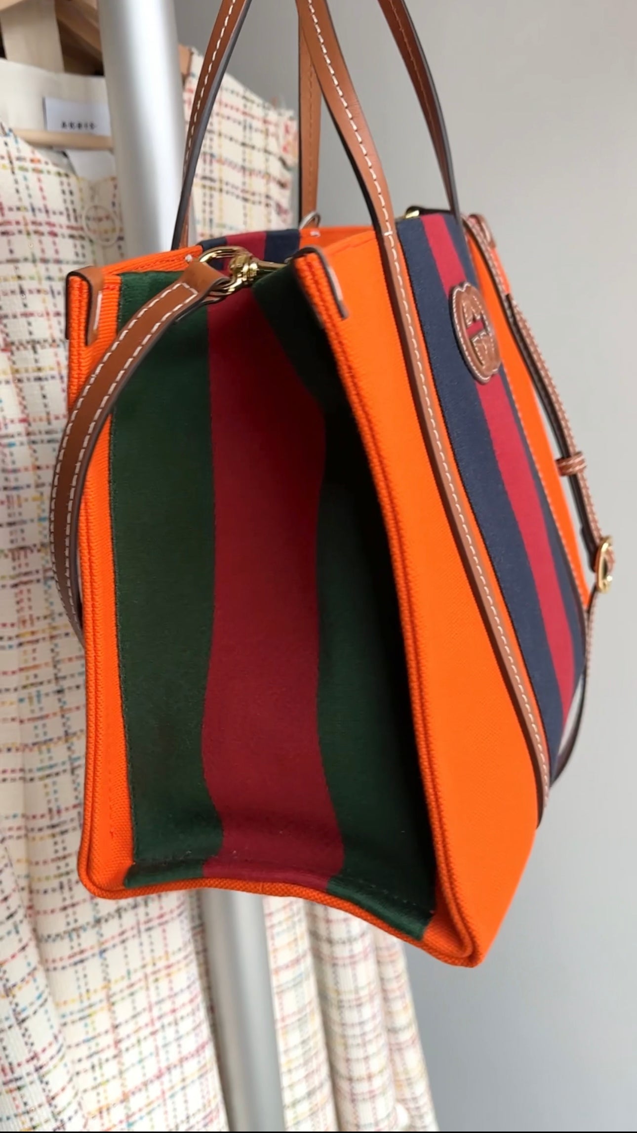 Gucci Interlocking G Orange Striped Web Canvas Tote Bag