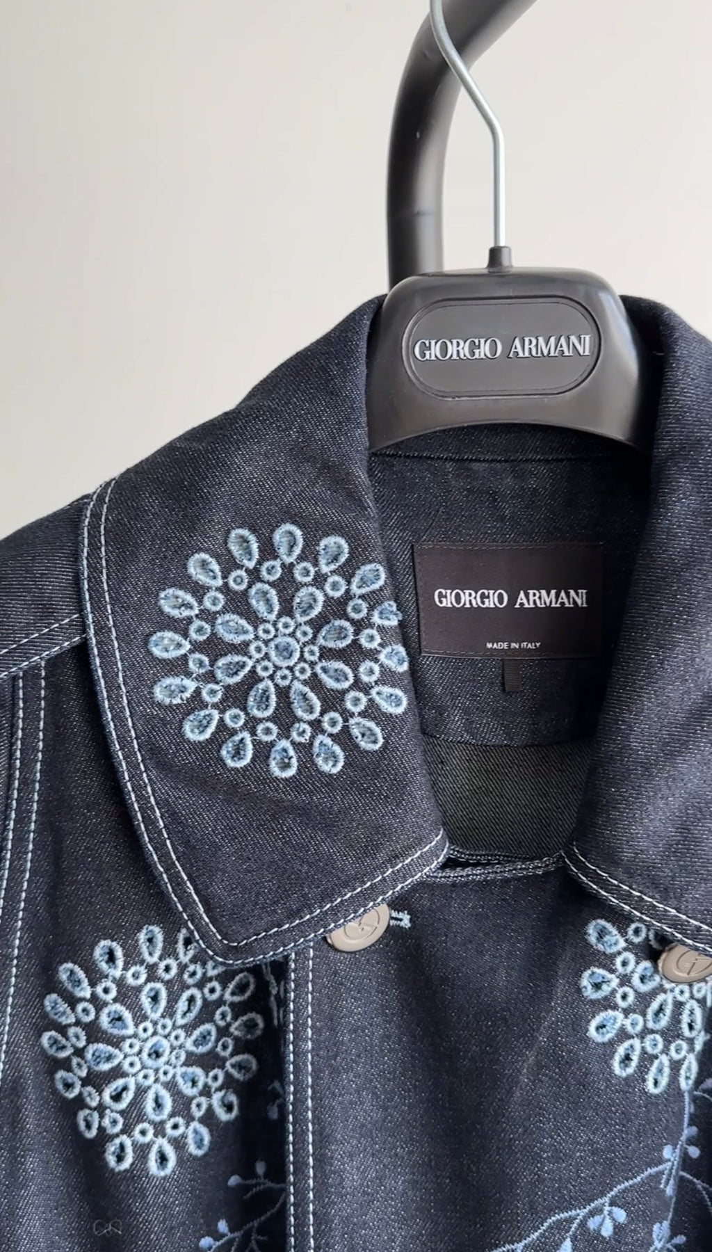 Giorgio Armani Blue Denim Eyelet Embroidered Short Trench Jacket - 42 / USA 6
