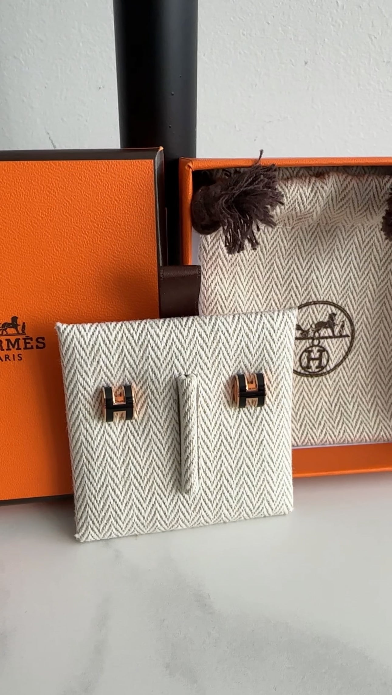 Hermes Mini Pop H Earrings Black and Rosegold