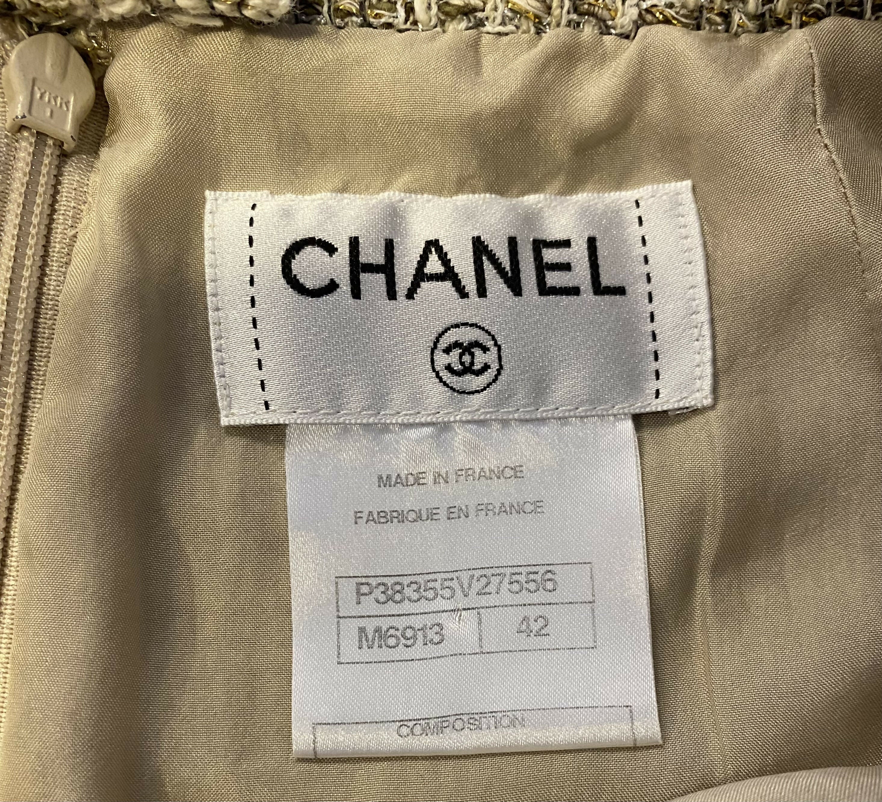 Chanel 10P Fantasy Tweed Beige Metallic Gold Jacket Skirt Suit Set FR 42/44