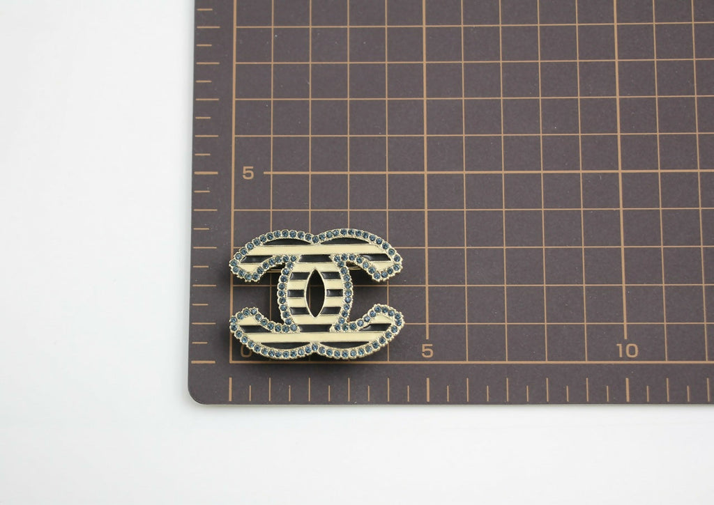 Chanel Vintage 06A Blue Rhinestone Beige Black Stripe Brooch