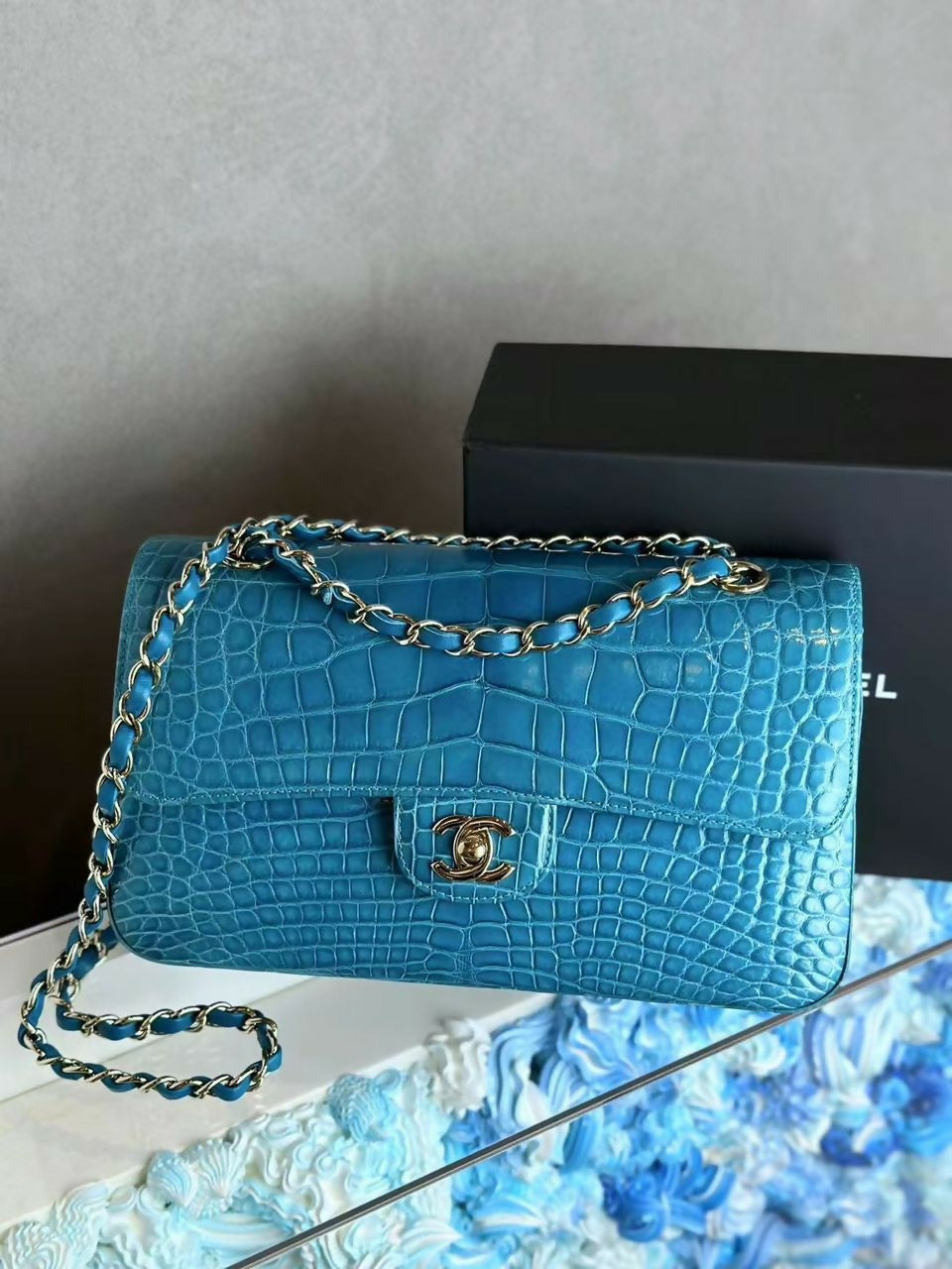 Chanel Vintage Medium Turquoise Crocodile Classic Flap Bag