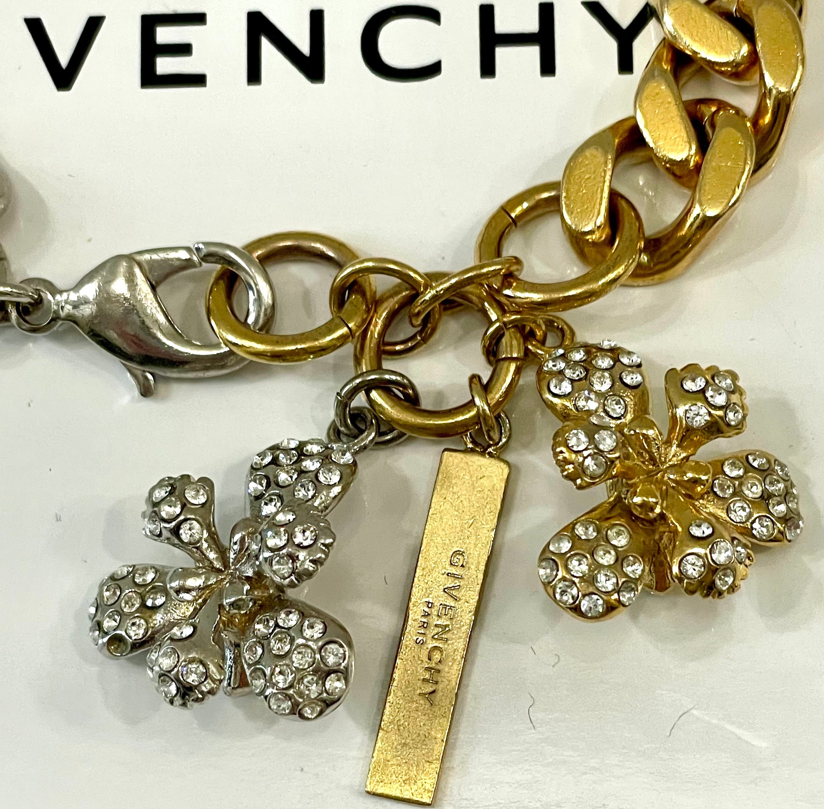 GIVENCHY TWO-TONE CHAIN LINK CRYSTAL FLOWERS CHARMS BRACELET