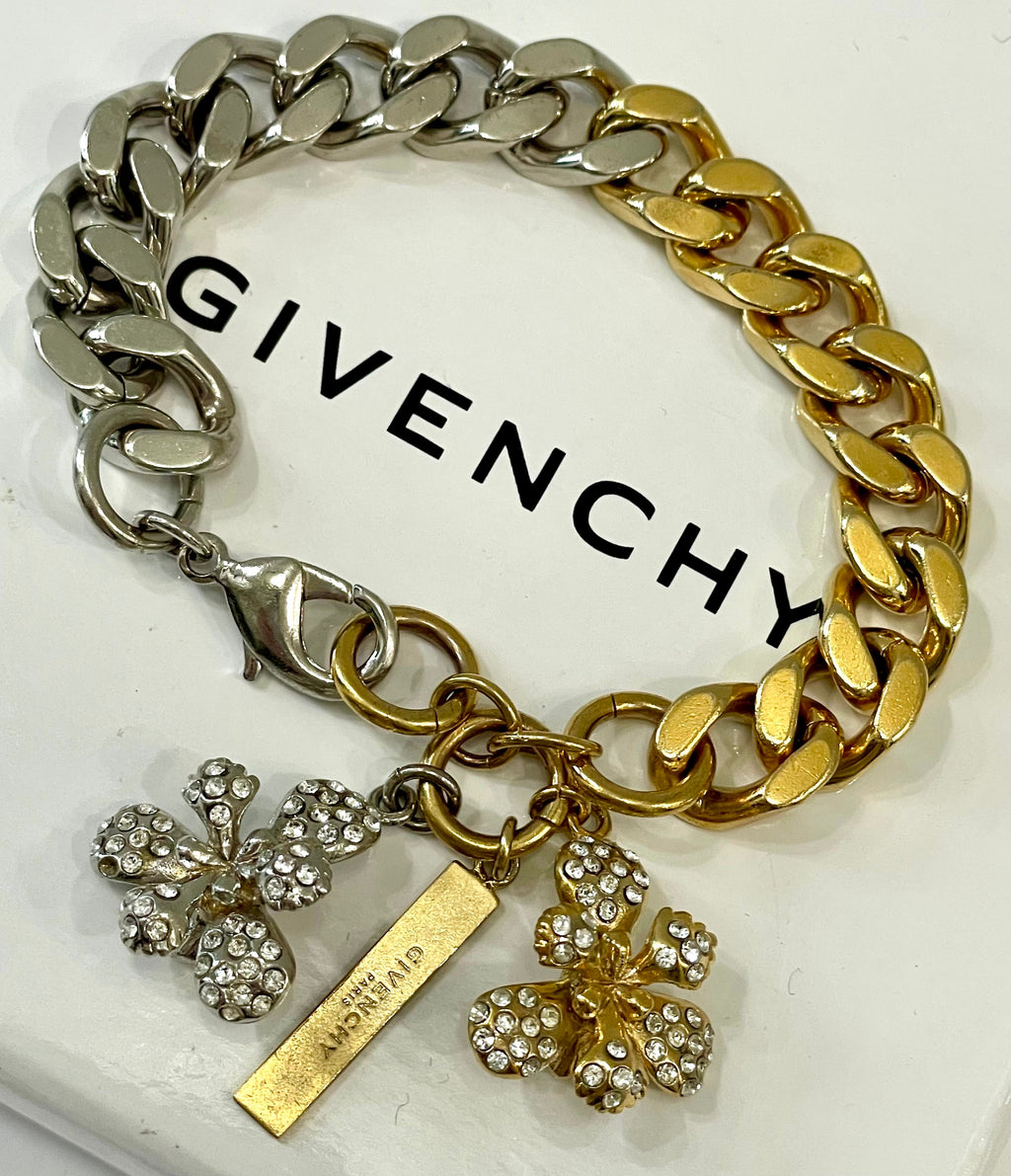 GIVENCHY TWO-TONE CHAIN LINK CRYSTAL FLOWERS CHARMS BRACELET