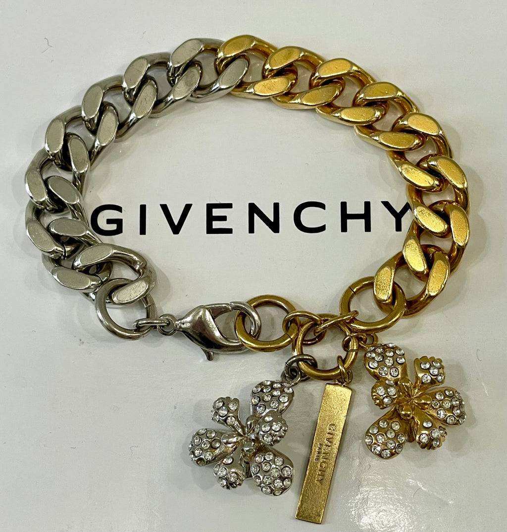 GIVENCHY TWO-TONE CHAIN LINK CRYSTAL FLOWERS CHARMS BRACELET