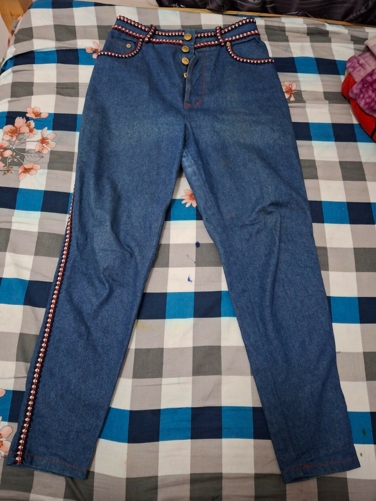 Chanel Vintage braided-trim straight-leg jeans
