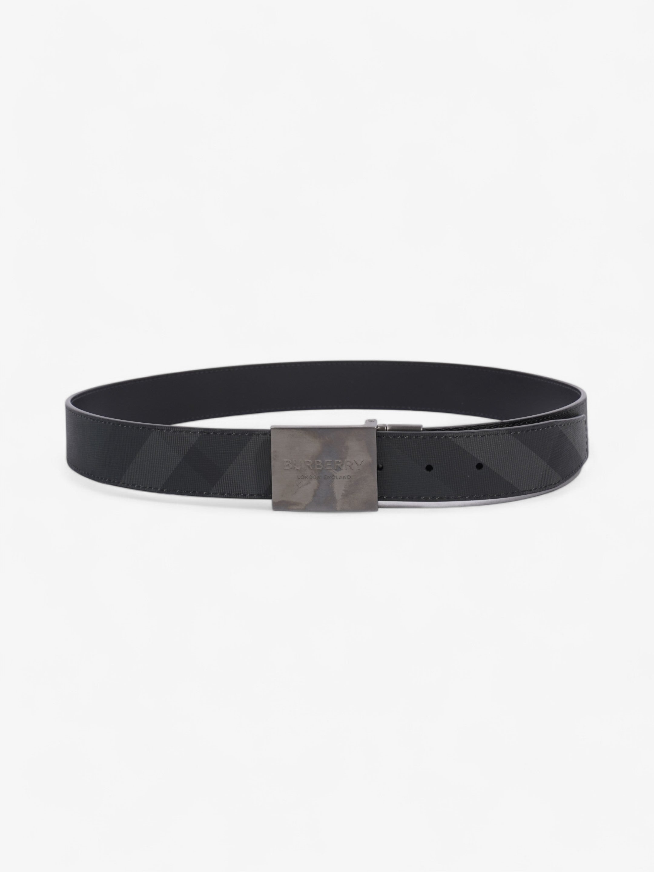 Burberry Reversible Plaque Buckle Check Belt Charcoal / Graphite / Silver Coated Canvas 90cm / 36"