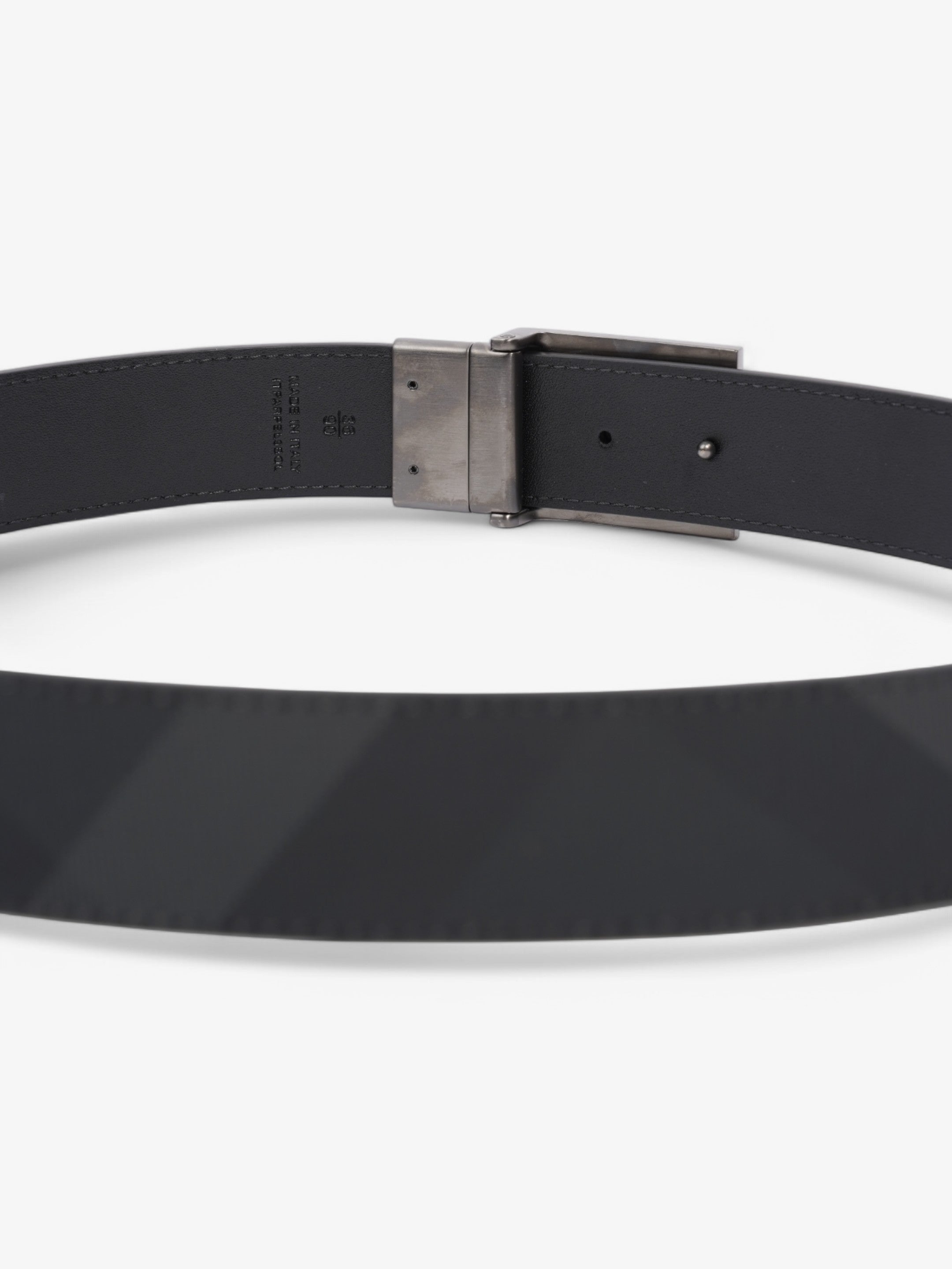 Burberry Reversible Plaque Buckle Check Belt Charcoal / Graphite / Silver Coated Canvas 90cm / 36"