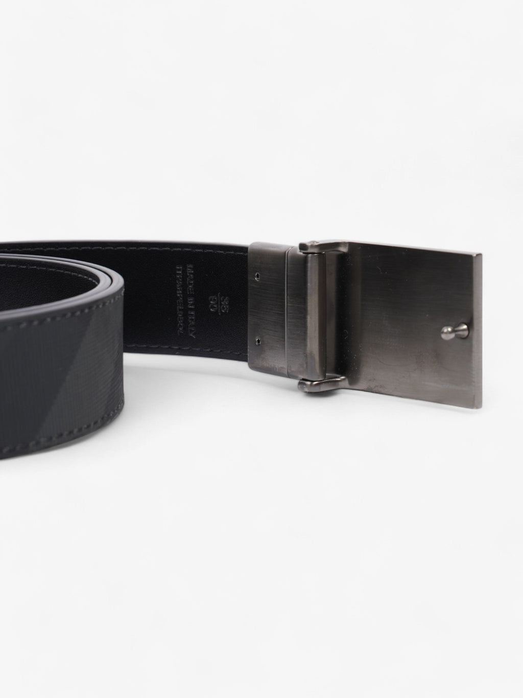 Burberry Reversible Plaque Buckle Check Belt Charcoal / Graphite / Silver Coated Canvas 90cm / 36"