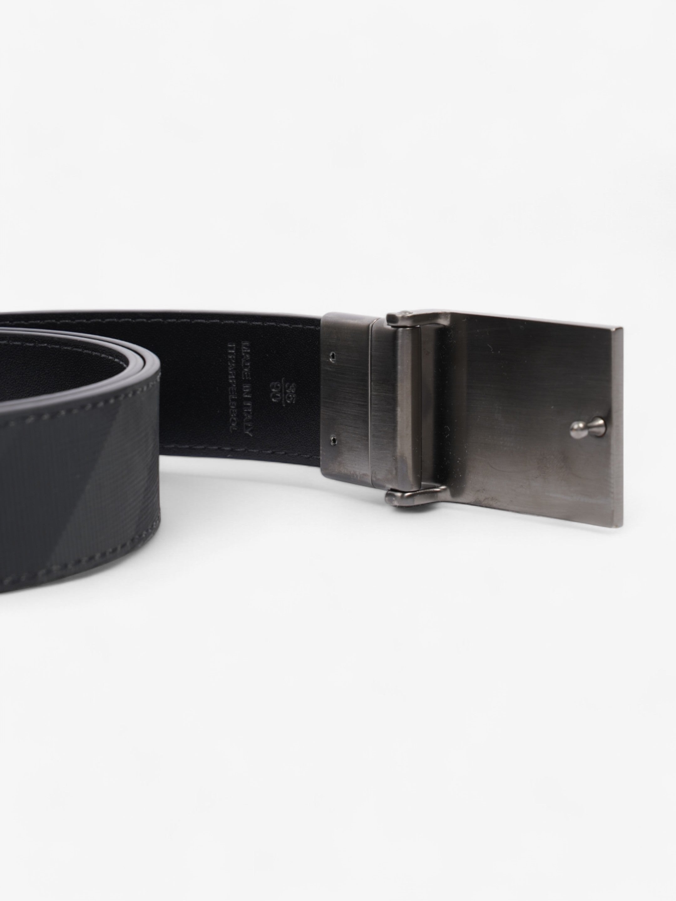 Burberry Reversible Plaque Buckle Check Belt Charcoal / Graphite / Silver Coated Canvas 90cm / 36"