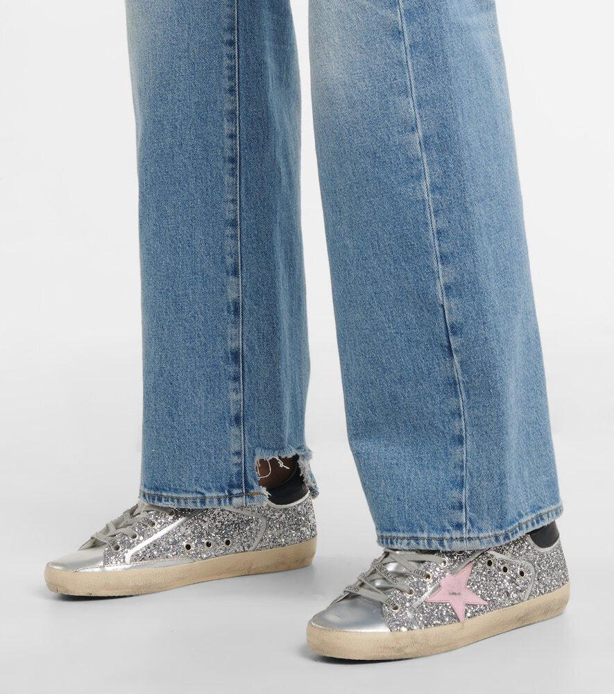 GOLDEN GOOSE SUPER STAR GLITTER DISTRESSED LEATHER SNEAKERS