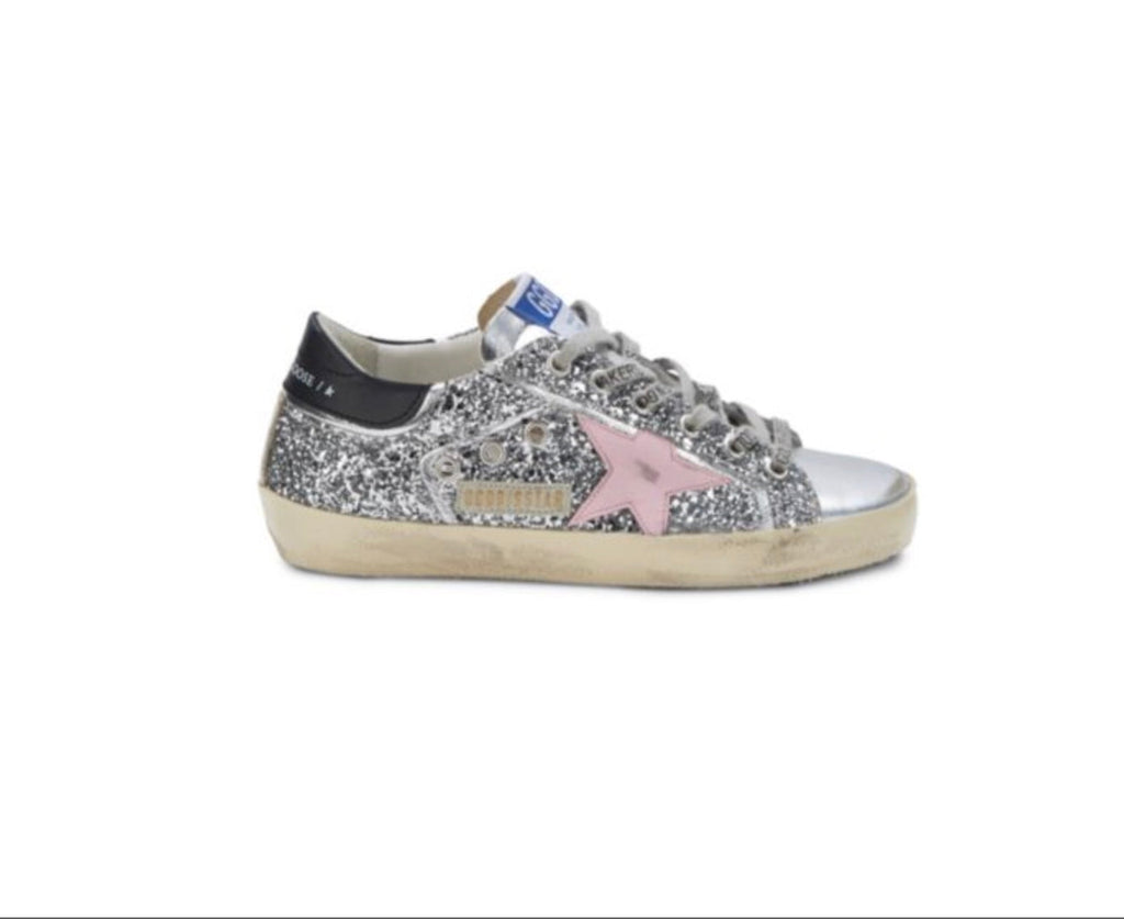 GOLDEN GOOSE SUPER STAR GLITTER DISTRESSED LEATHER SNEAKERS