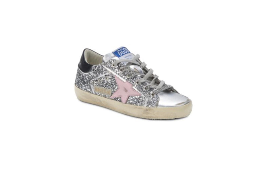 GOLDEN GOOSE SUPER STAR GLITTER DISTRESSED LEATHER SNEAKERS