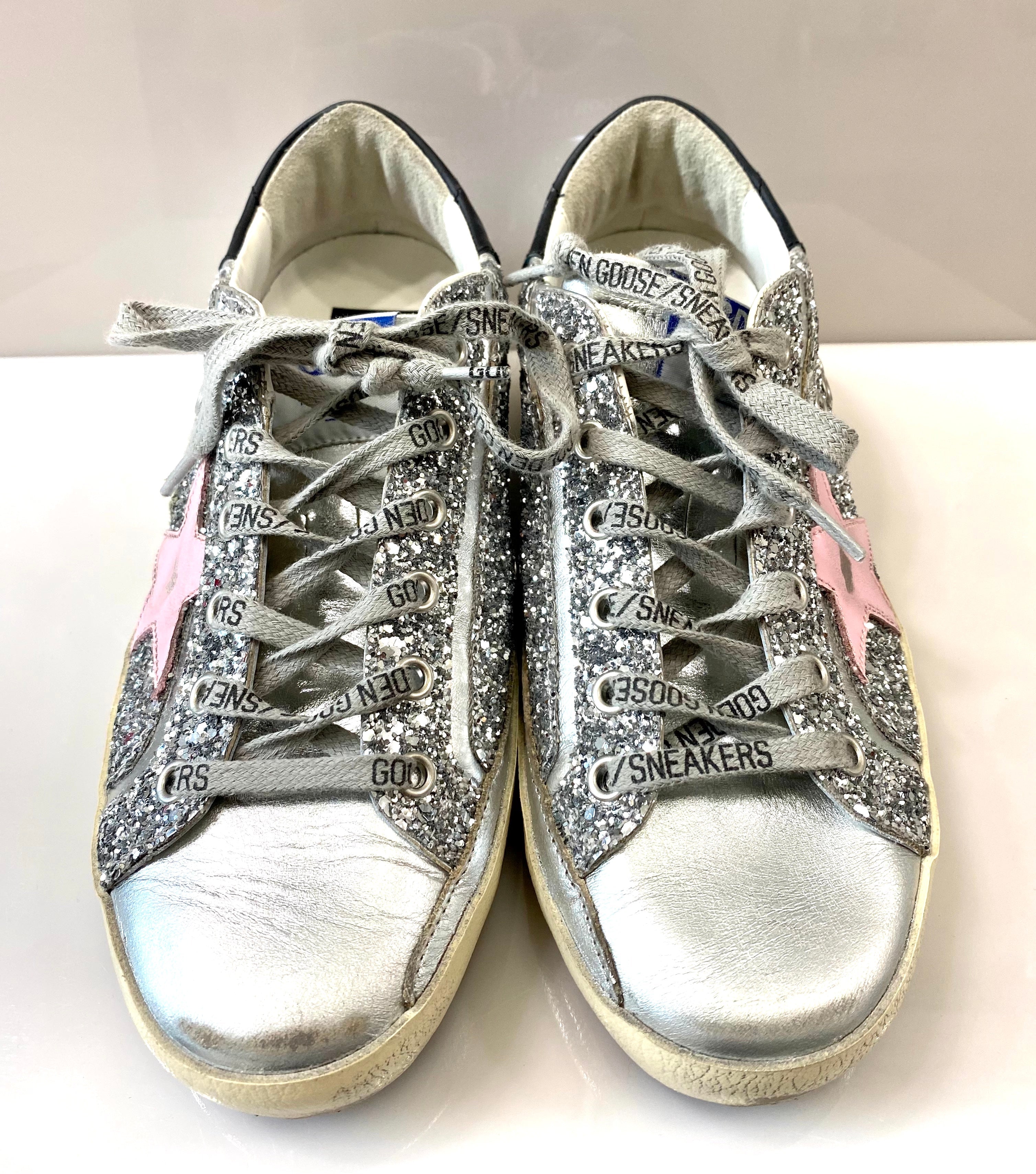 GOLDEN GOOSE SUPER STAR GLITTER DISTRESSED LEATHER SNEAKERS