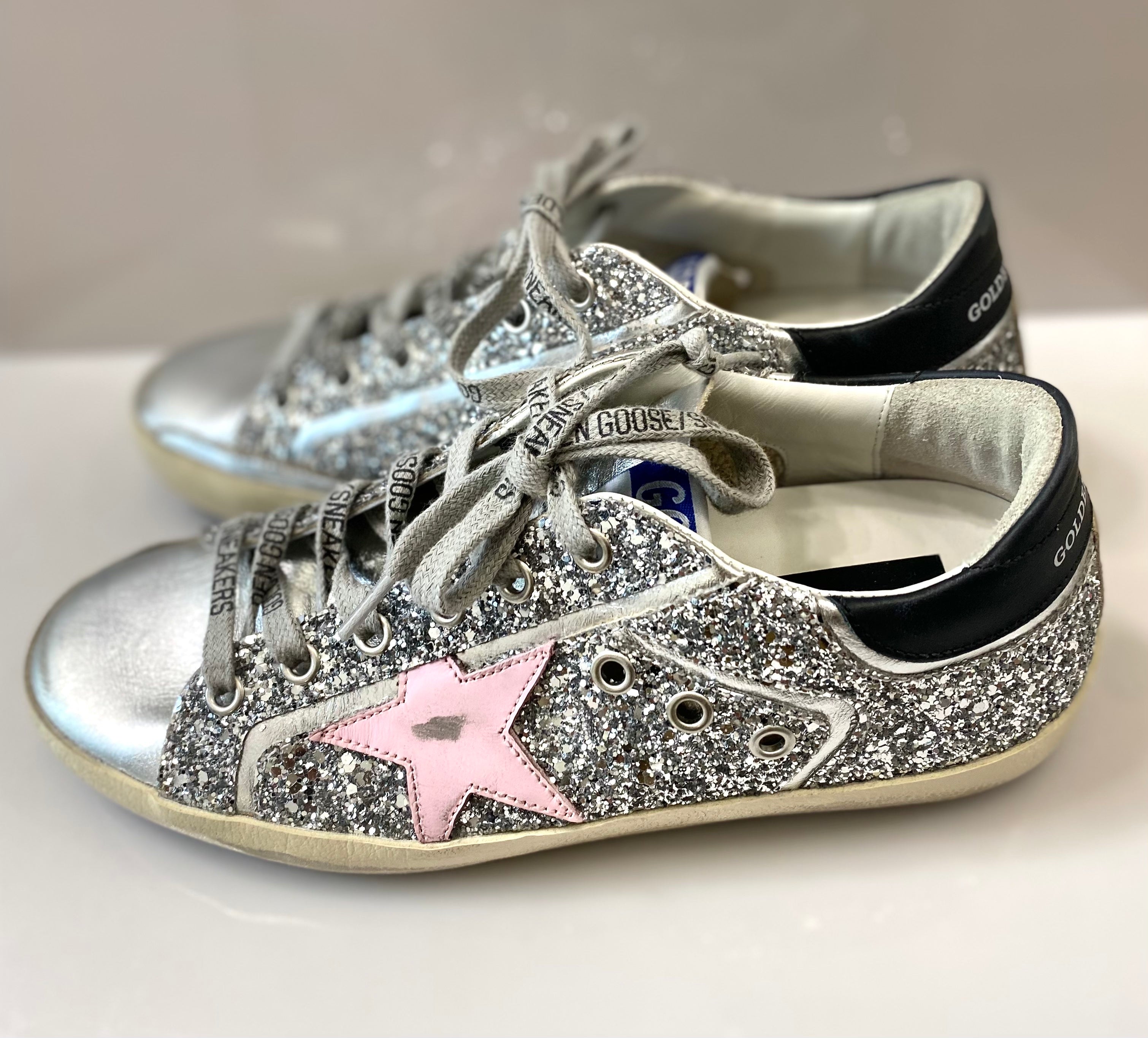 GOLDEN GOOSE SUPER STAR GLITTER DISTRESSED LEATHER SNEAKERS