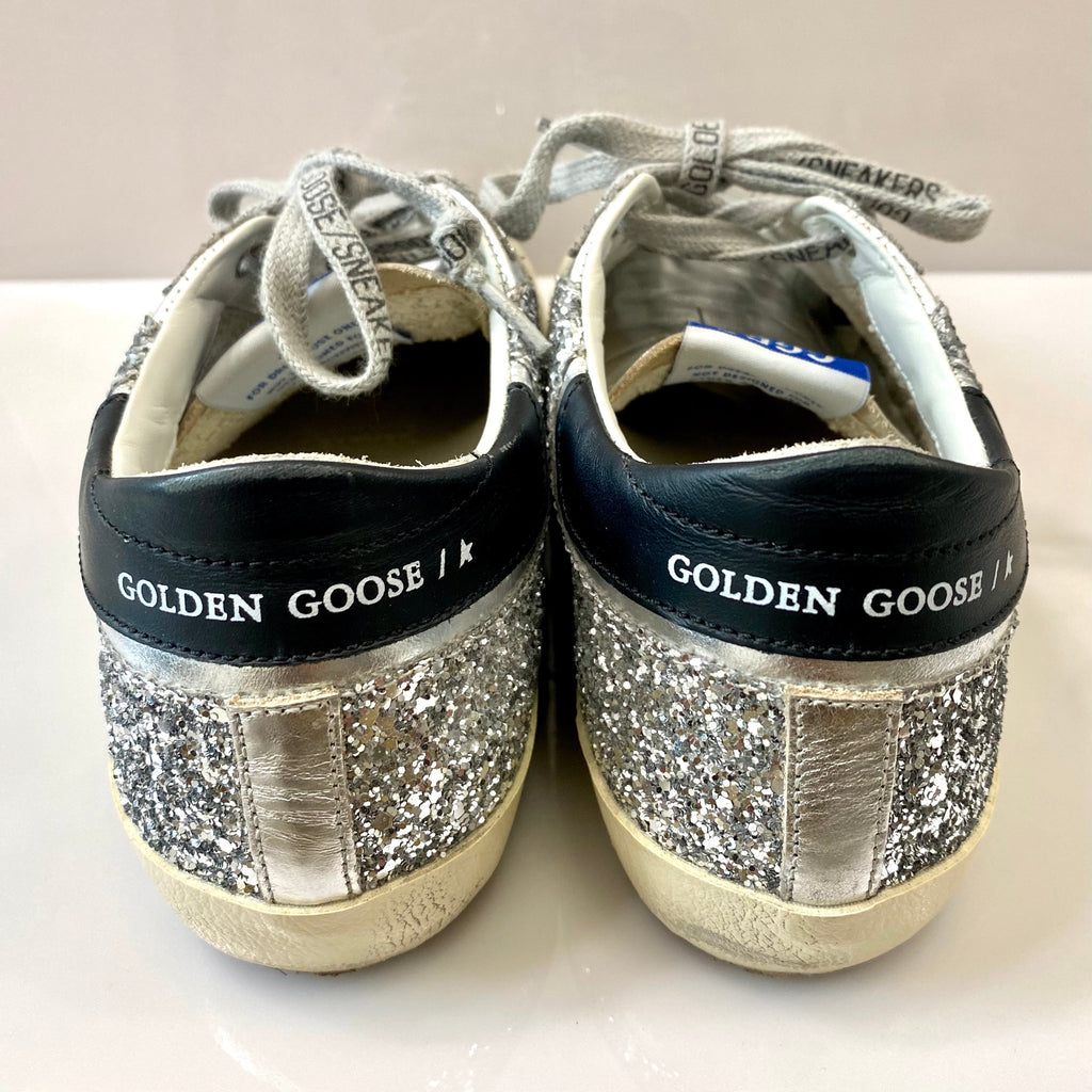 GOLDEN GOOSE SUPER STAR GLITTER DISTRESSED LEATHER SNEAKERS
