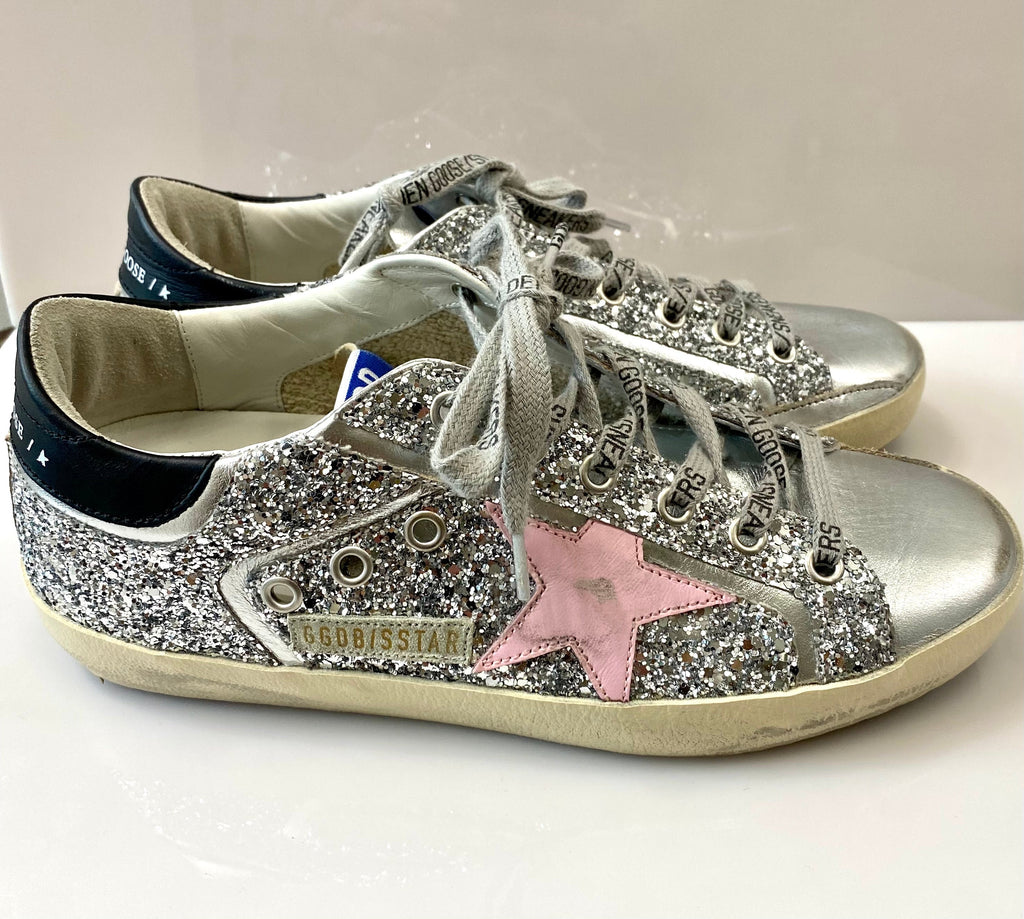 GOLDEN GOOSE SUPER STAR GLITTER DISTRESSED LEATHER SNEAKERS