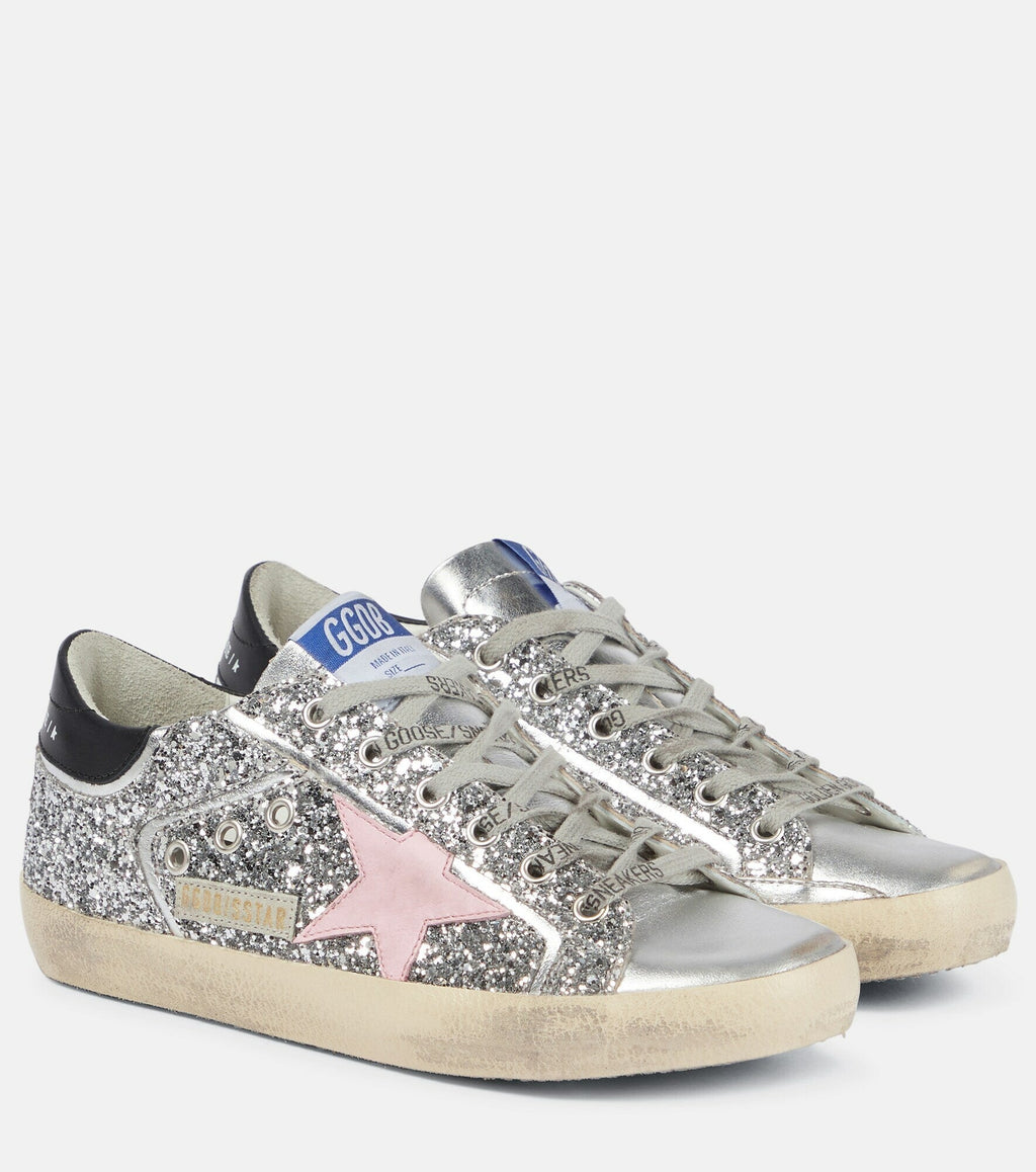 GOLDEN GOOSE SUPER STAR GLITTER DISTRESSED LEATHER SNEAKERS