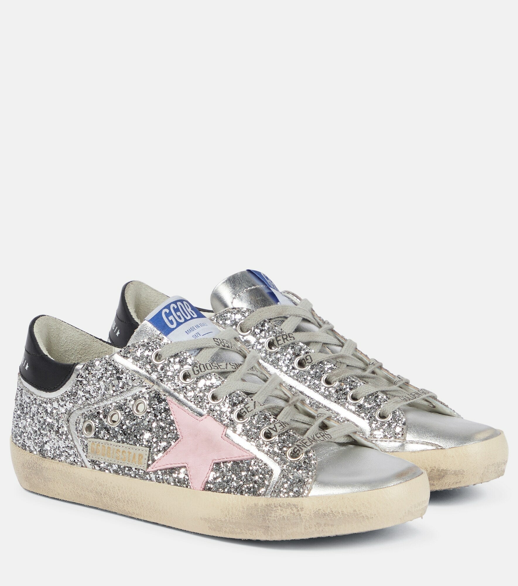 GOLDEN GOOSE SUPER STAR GLITTER DISTRESSED LEATHER SNEAKERS