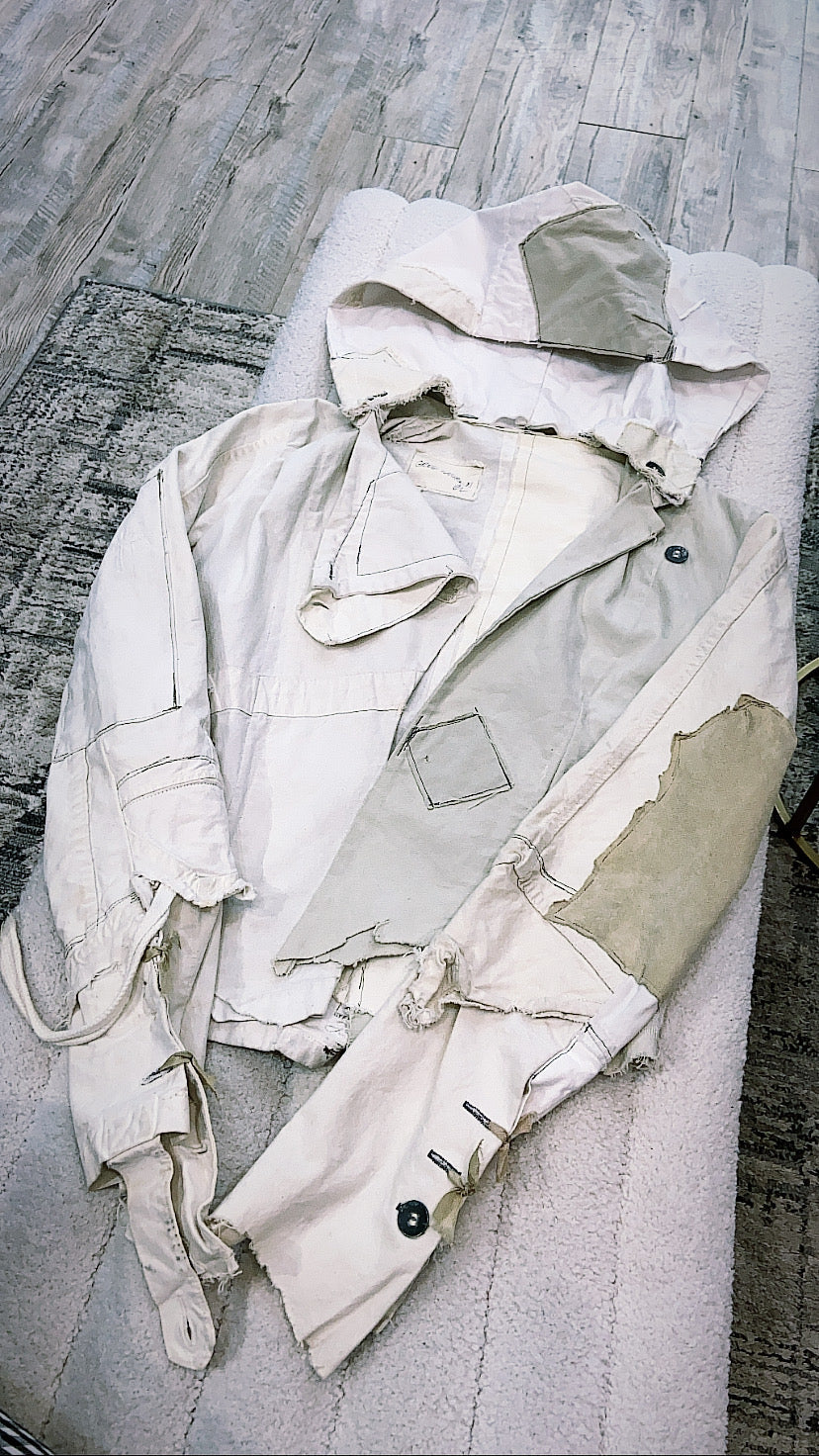 GREG LAUREN DISTRESSED SUEDE PATCHES HOODED JACKET