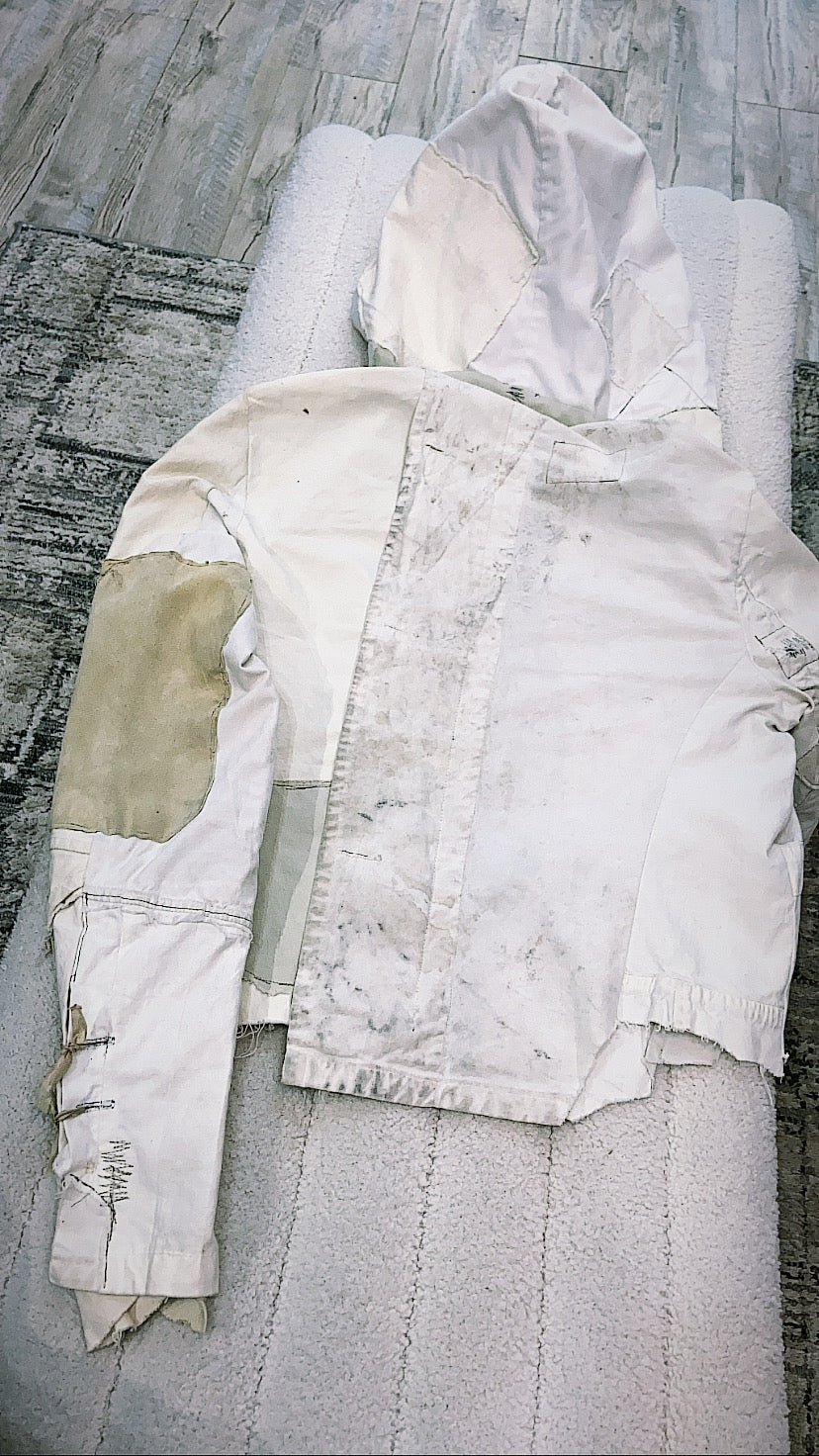 GREG LAUREN DISTRESSED SUEDE PATCHES HOODED JACKET