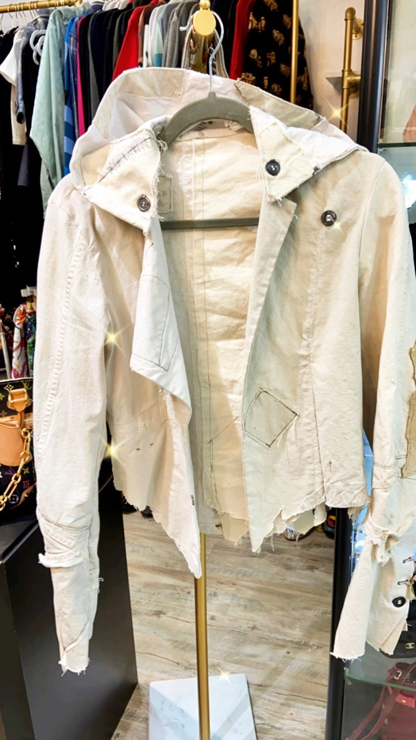 GREG LAUREN DISTRESSED SUEDE PATCHES HOODED JACKET