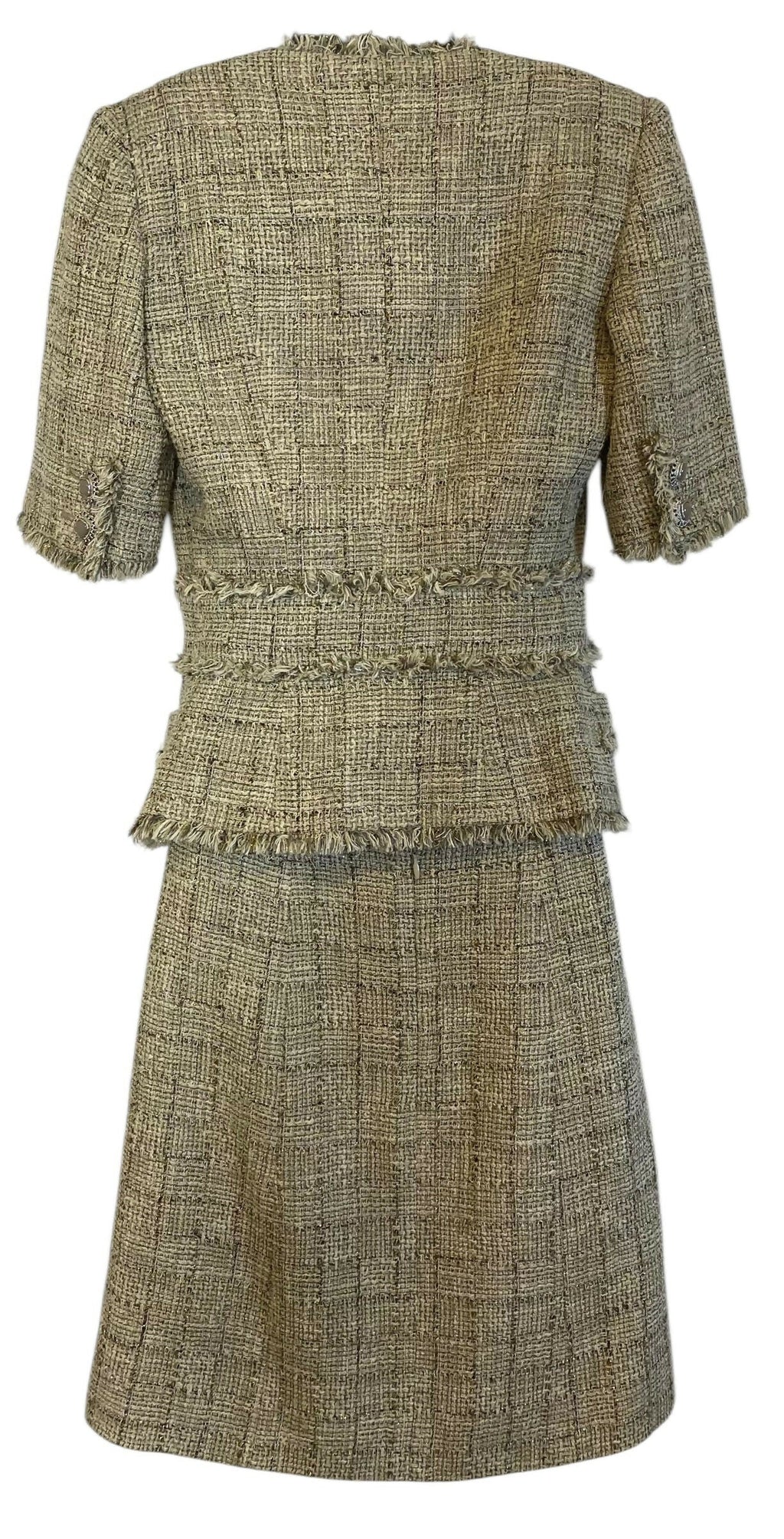 Chanel 10P Fantasy Tweed Beige Metallic Gold Jacket Skirt Suit Set FR 42/44
