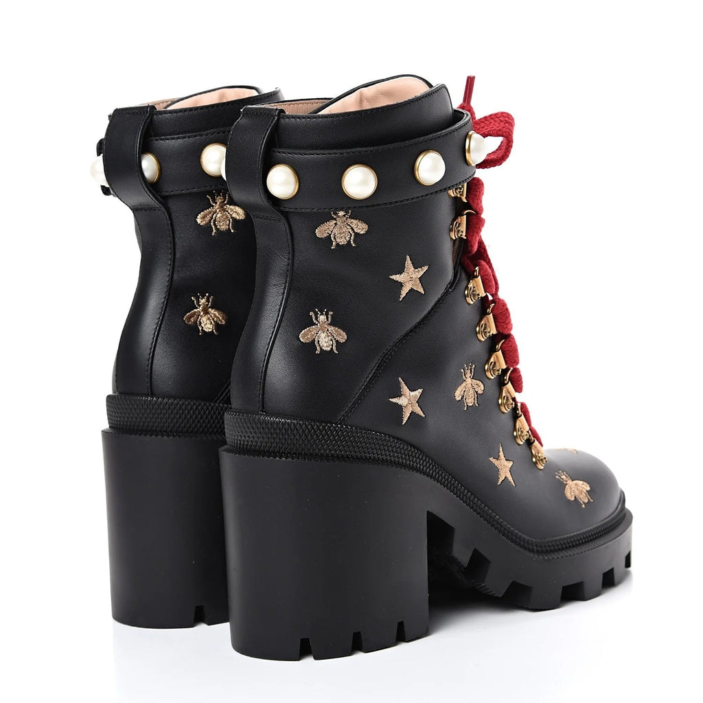 GUCCI CALFSKIN EMBROIDERED LACE UP COMBAT BOOTS
