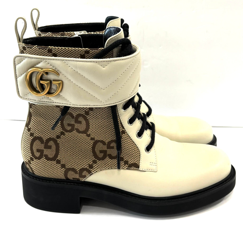 GUCCI FLORES CALFSKIN GG MARMONT LOGO ANKLE BOOTS