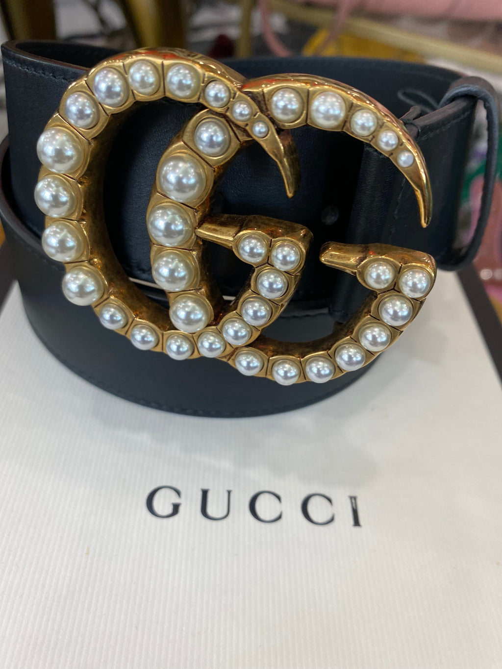 GUCCI GG FAUX PEARL EMBELLISHED LEATHER BELT