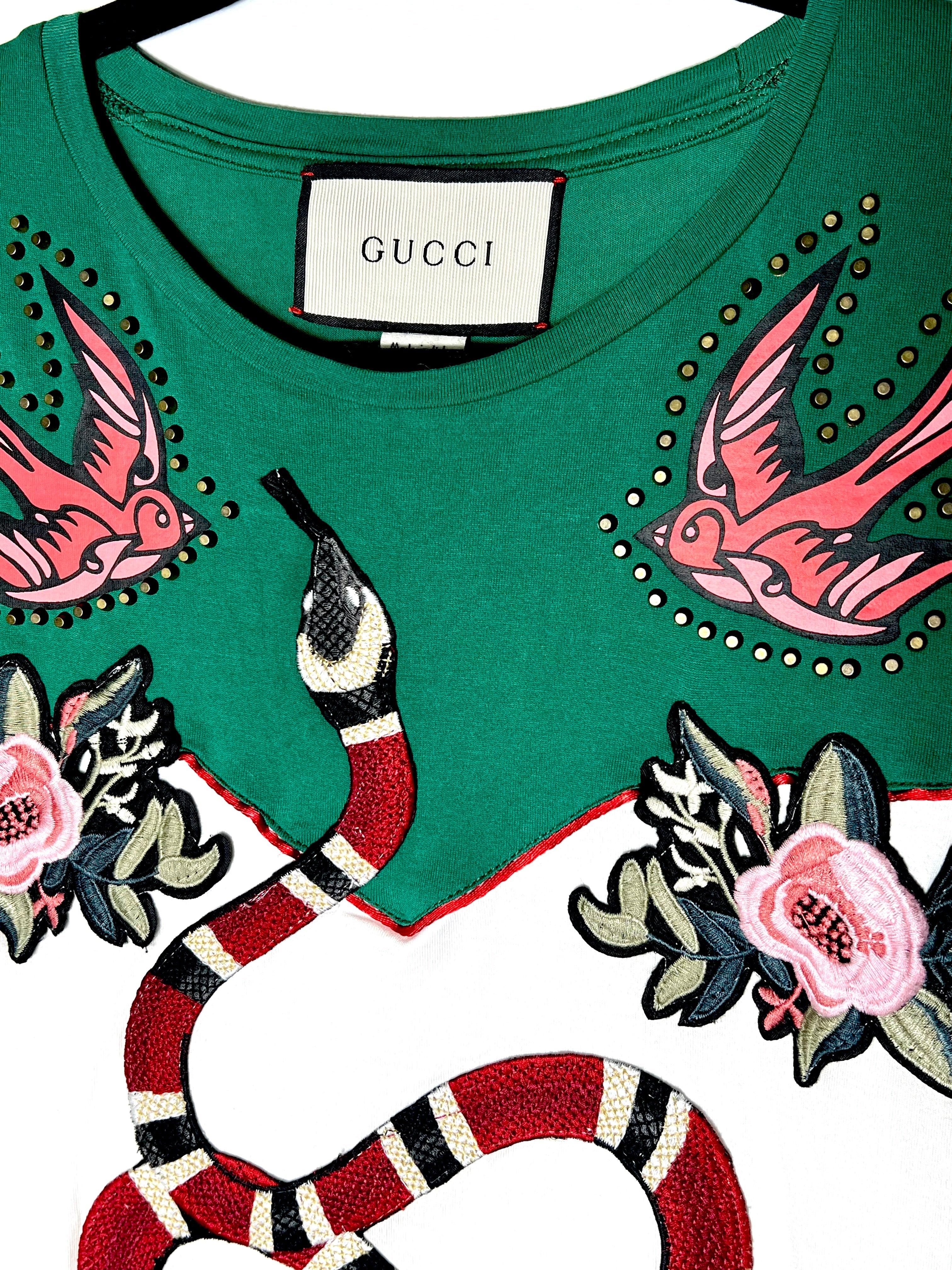 GUCCI GREEN GRAPHIC PRINT KING SNAKE EMBROIDERED T-SHIRT