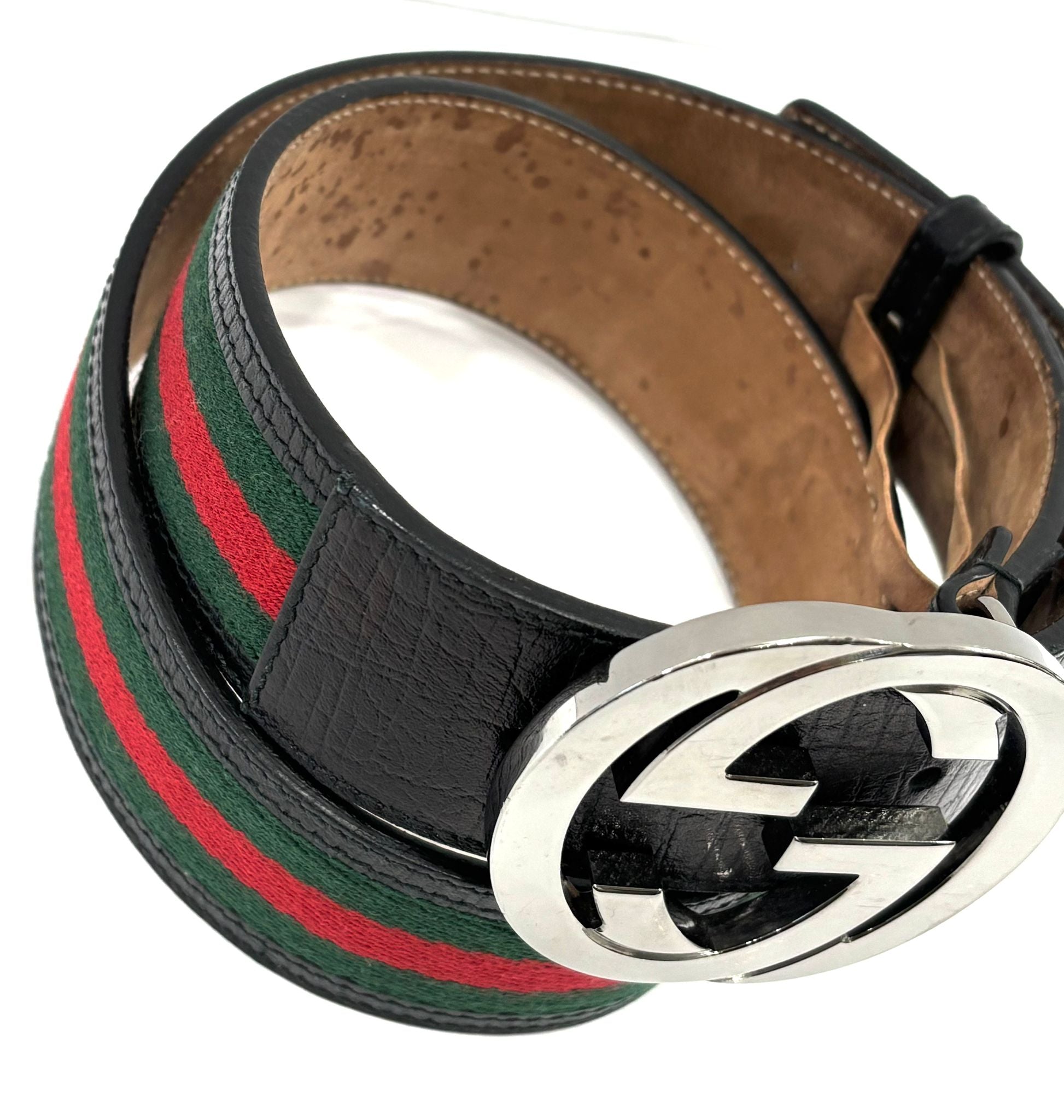GUCCI INTERLOCKING G WEB ACCENT LEATHER BELT