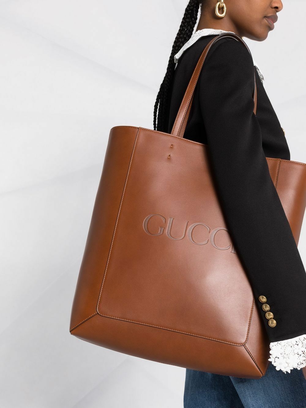 GUCCI LOGO EMBOSSED CALFSKIN LEATHER SHOPPER TOTE BAG
