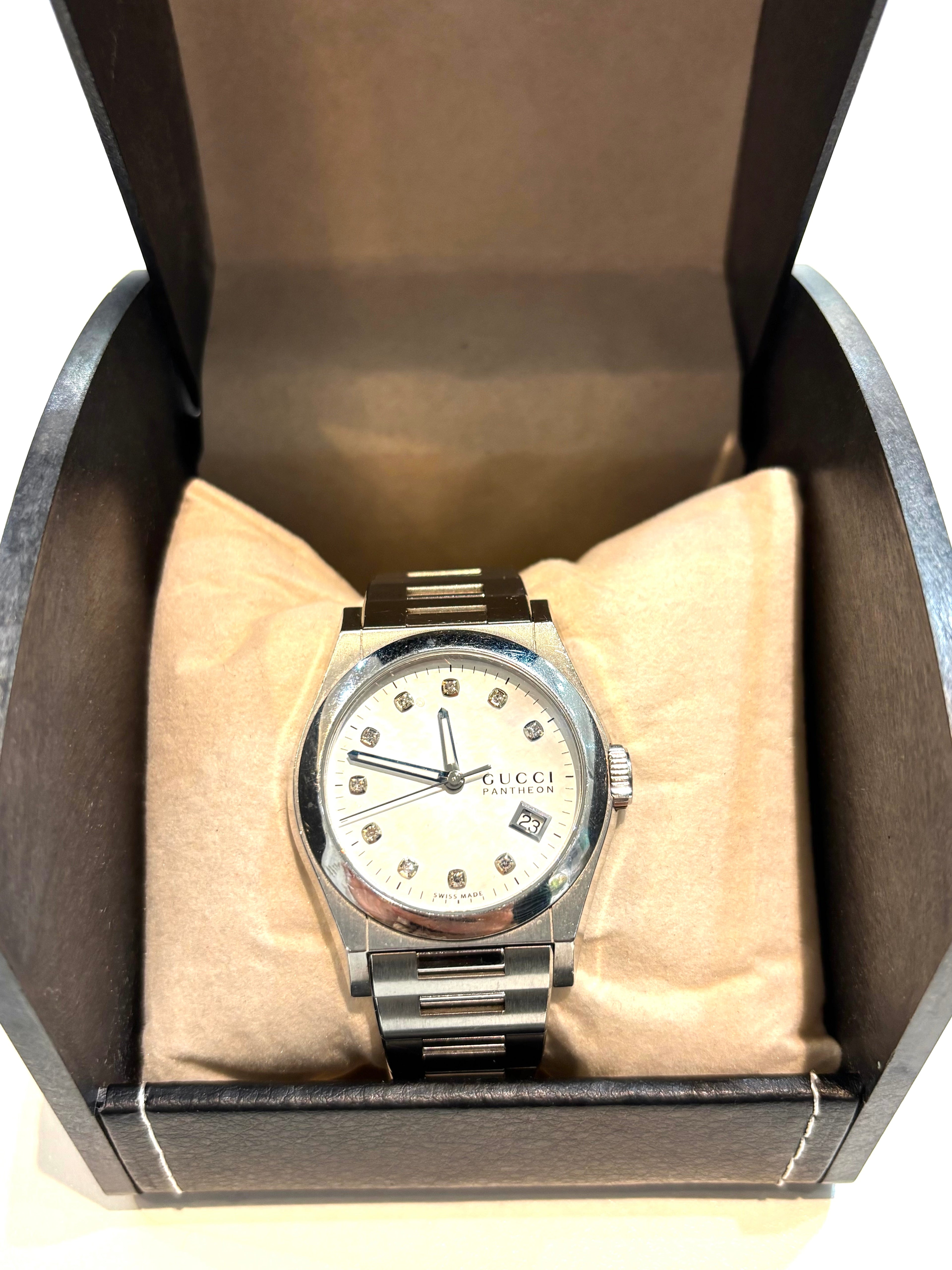 GUCCI PANTHEON 115 MOP DIAMOND DIAL BRUSHED STAINLESS STEEL WATCH